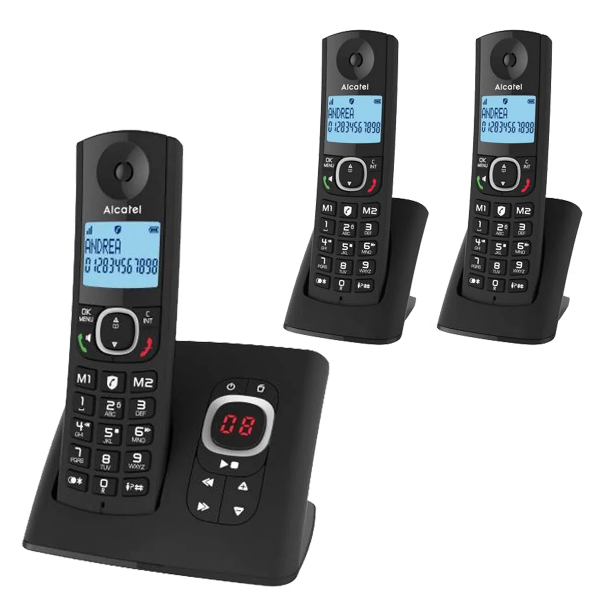 Alcatel F530 Voice Trio, telefon bezprzewodowy z automatyczną sekretarką i 3 słuchawkami, blokowanie połączeń i funkcją głośnomówiącą, czarny