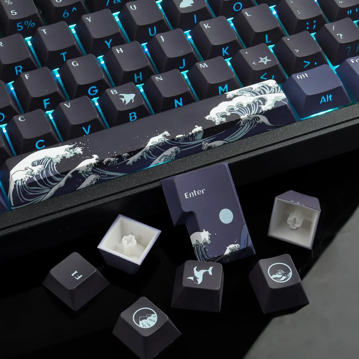 Sunzit PBT Custom Keycaps, 129 klawiszy Coral Sea nakładki na klawisze Cherry Profile Dye-Sub Shine Through Side Printed Keycaps do mechanicznej klawiatury gamingowej ISO/ANSI UK Layout (czarne)