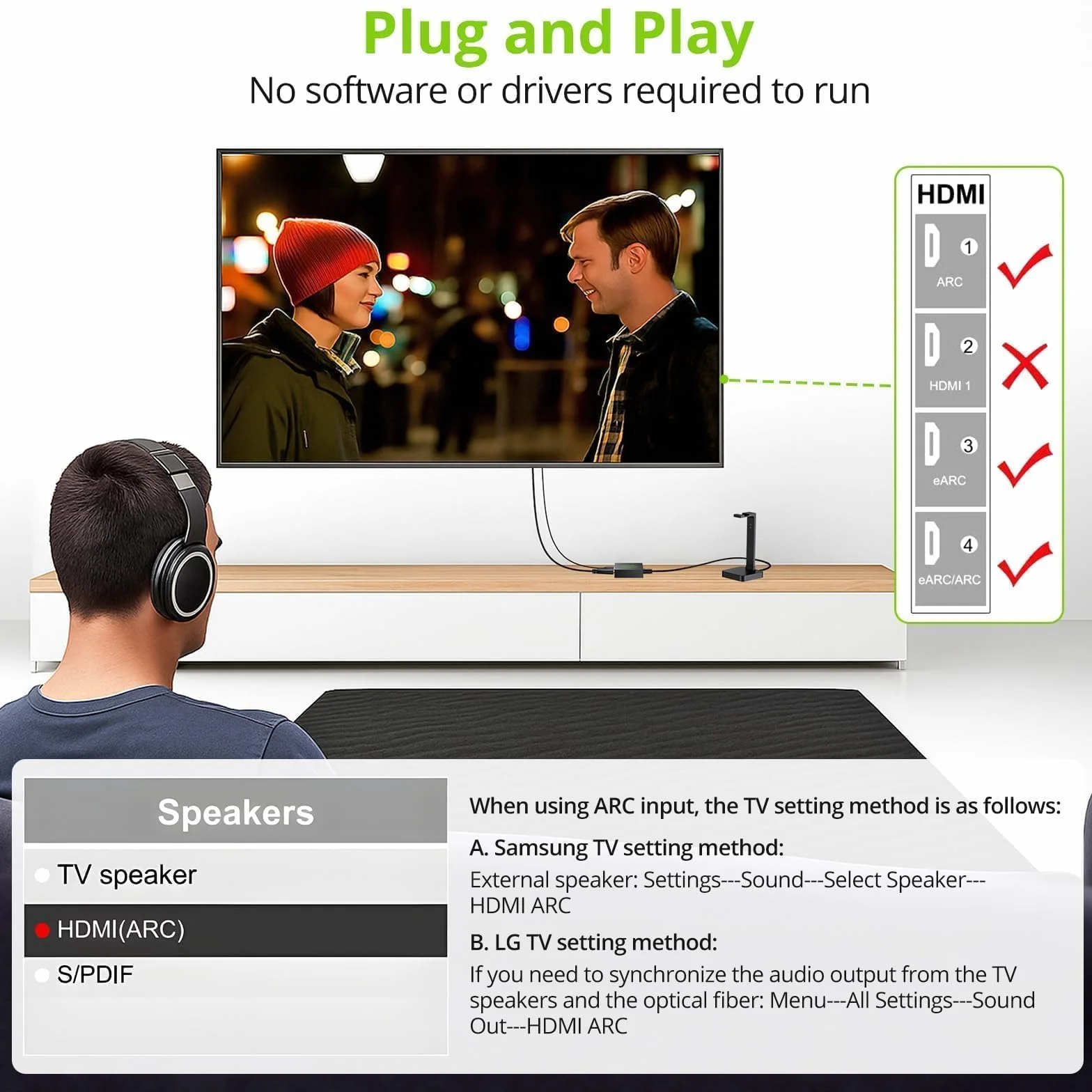 LiNKFOR HDMI eARC/ARC na optyczny ekstraktor audio – konwerter audio eARC 192 kHz z obsługą Dolby/DTS 5.1, adapter HDMI ARC do soundbara, telewizora, kina domowego - ekstraktor audio ARC dla wysokiej