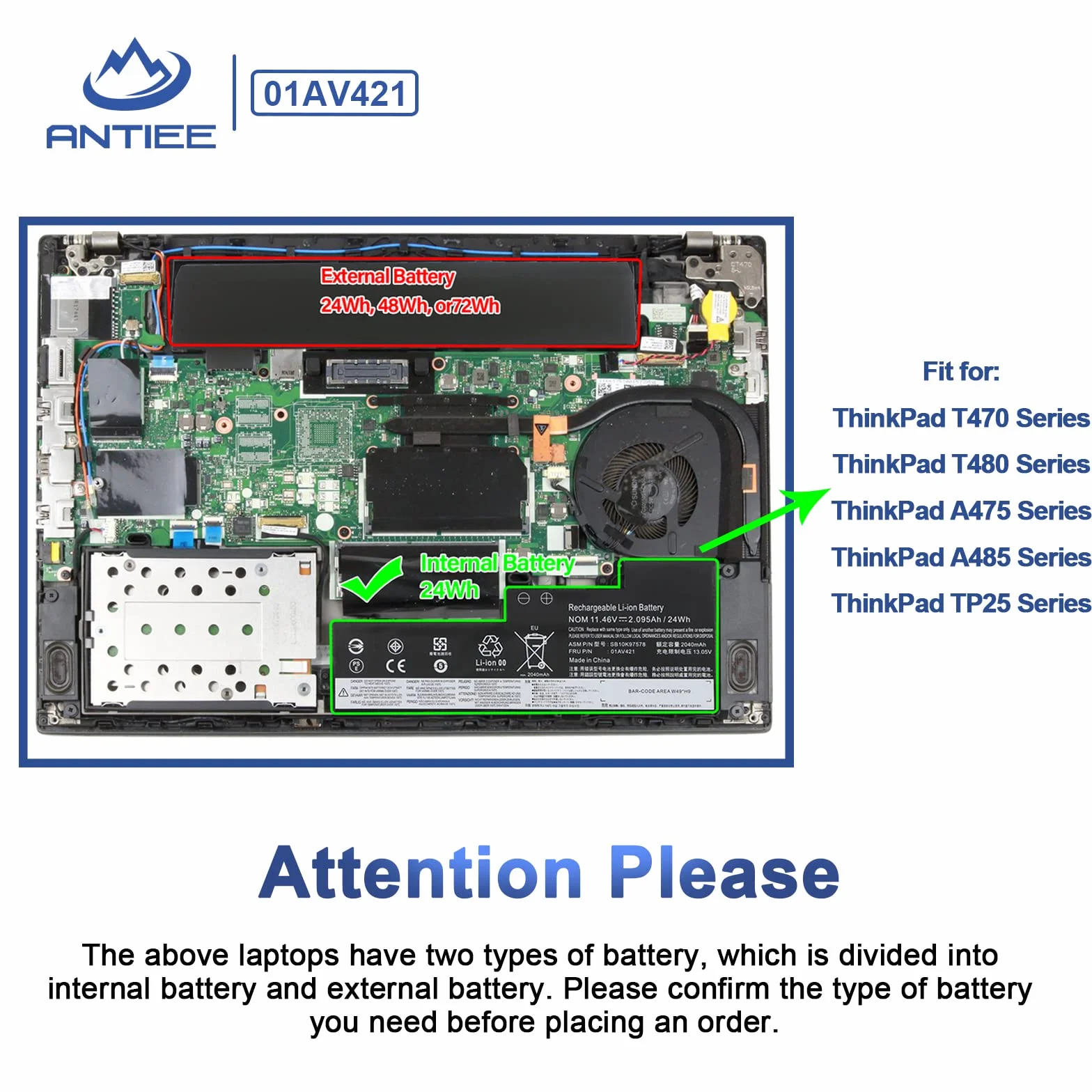ANTIEE 24Wh 01AV421 SB10K97578 Bateria do Lenovo ThinkPad A475 A485 T470 T480 TP25 Series 01AV489 01AV420 SB10K97577 01AV419 SB10K97576 11.4 6 V 2095 mAh