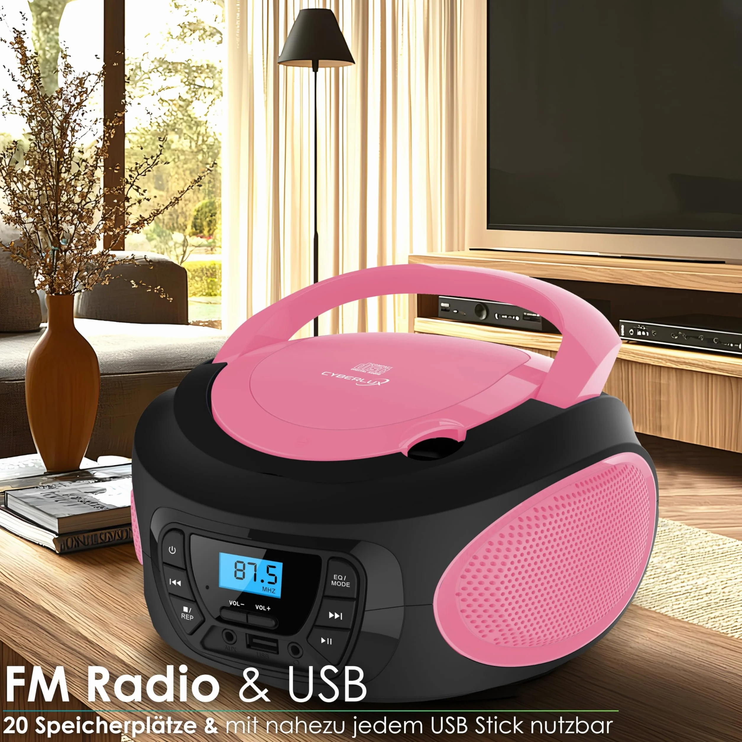 Boombox - Przenośny odtwarzacz CD - CD/CD-R - USB - Radio FM - Wejście AUX-IN - Gniazdo słuchawkowe - Radio dla dzieci - Radio CD - System stereo - Kompaktowy - Jasnoróżowy (Pretty Pink)