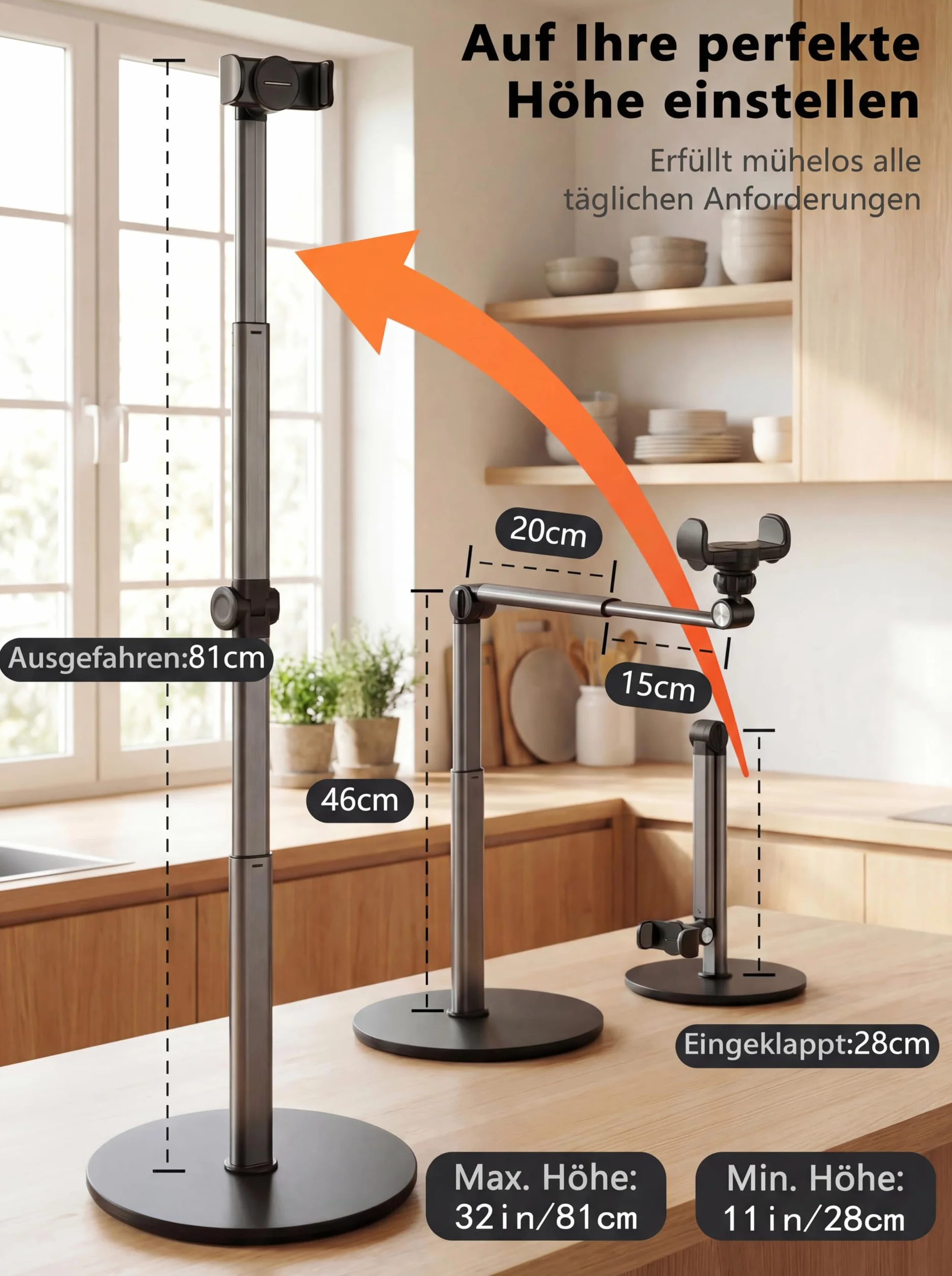 Aluminiowy statyw do telefonu z ramieniem teleskopowym, regulacja wysokości i kąta, do nagrywania wideo i streamingu