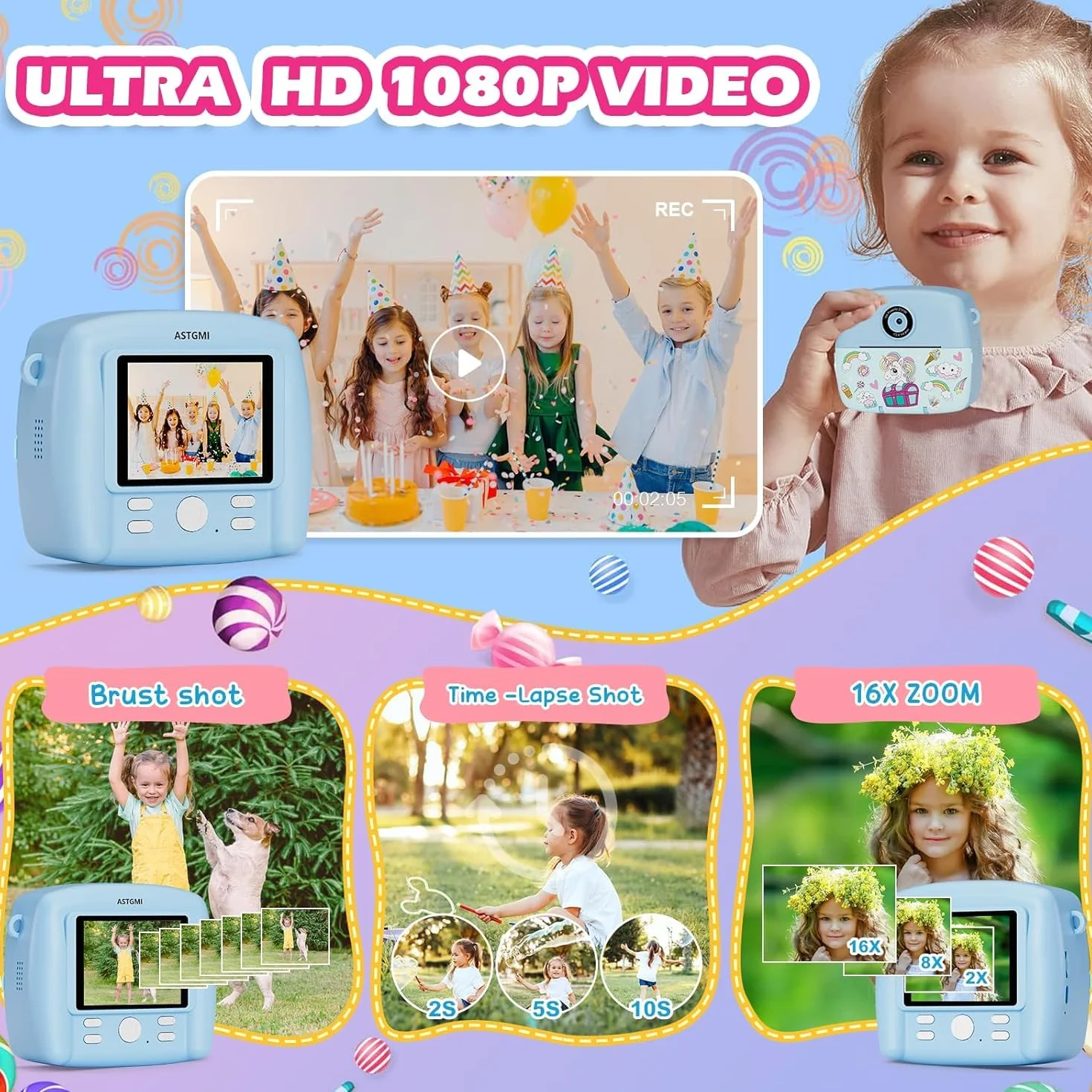 Aparat do natychmiastowego zdjęcia dla dzieci, 1080p HD, natychmiastowe drukowanie zdjęć, prezent urodzinowy, prezent na Boże Narodzenie, zabawka od 3, 4, 5, 6, 8, 7, 9, 10, 11 lat, dla dziewcząt,