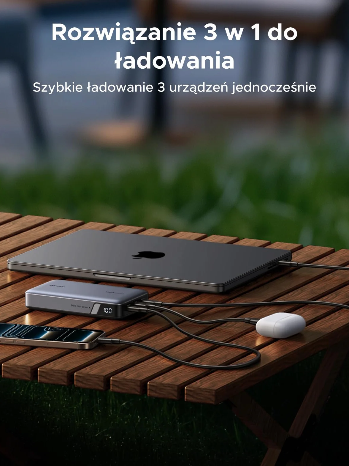 UGREEN 100W Power Bank 20000mAh zewnętrzna bateria 3 porty MacBook Pro iPhone 15 Galaxy S23 Ultra Dell