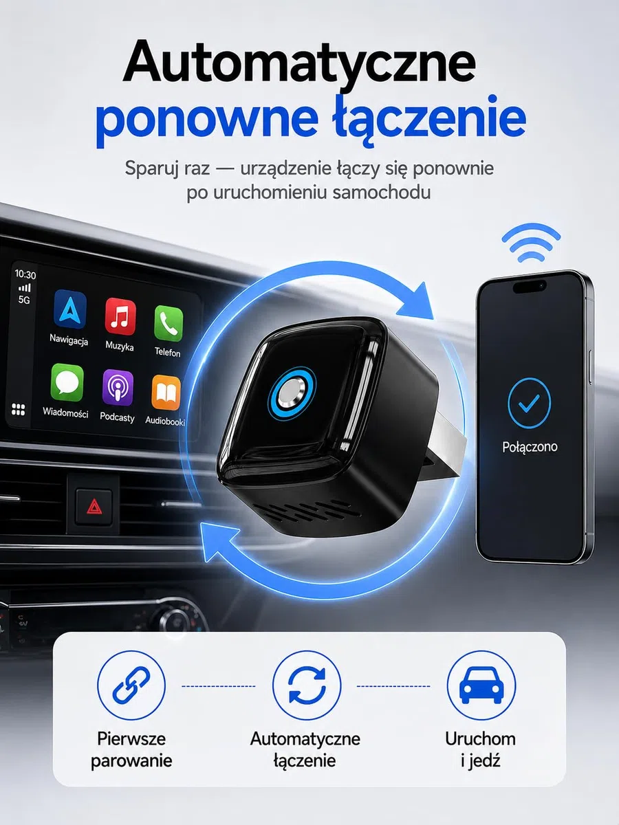 Bezprzewodowy Adapter CarPlay i Android Auto 2 w 1, pamięć dwóch telefonów, szybkie przełączanie, Plug & Play USB-A/USB-C, 5.8GHz WiFi, OTA, Czarny