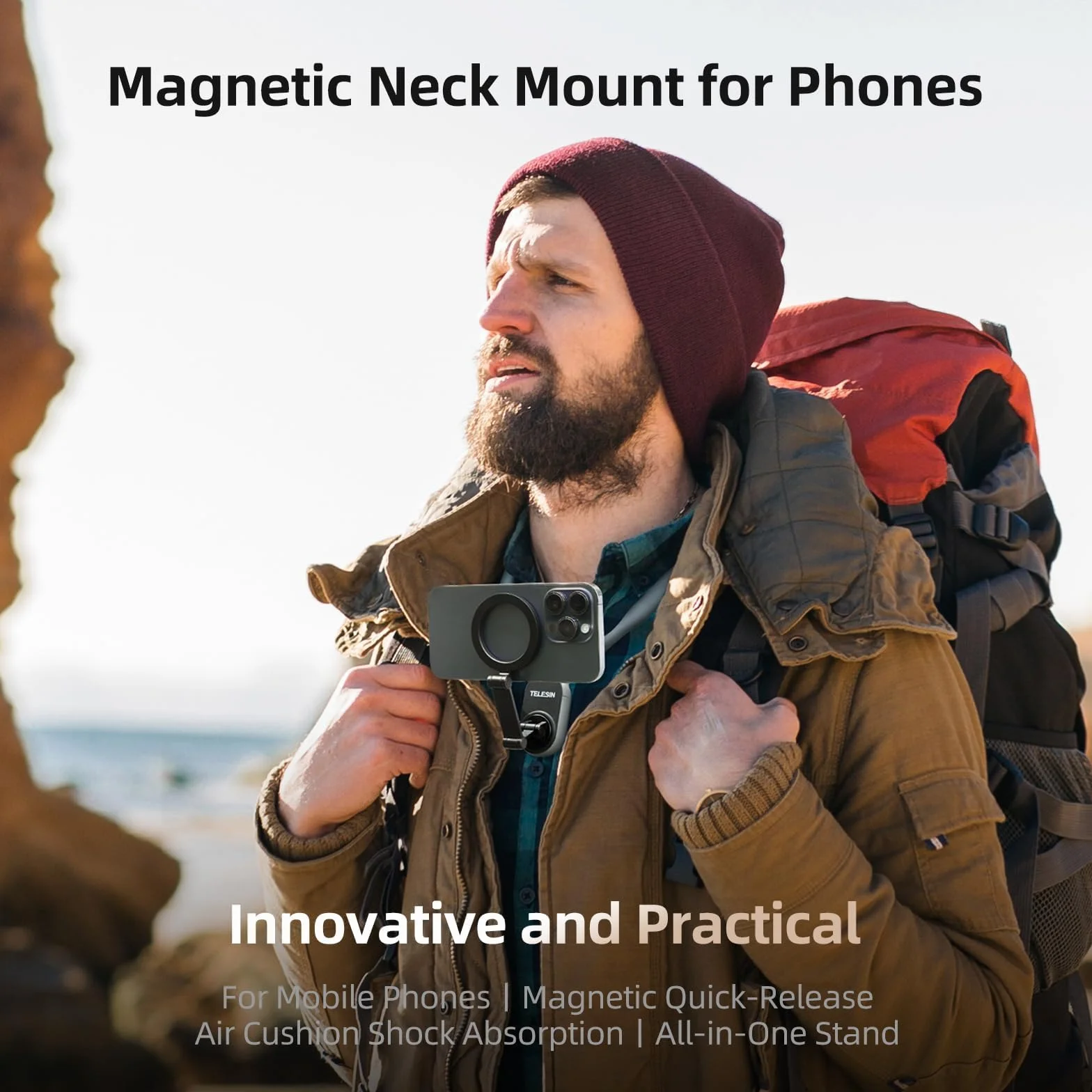 TELESIN Magnetyczny uchwyt do telefonu na szyję, POV/VLOG magnetyczny naszyjnik do telefonu komórkowego Magsafe na szyję dla iPhone 16 15 14 13 PRO 12 Max Android (szary)