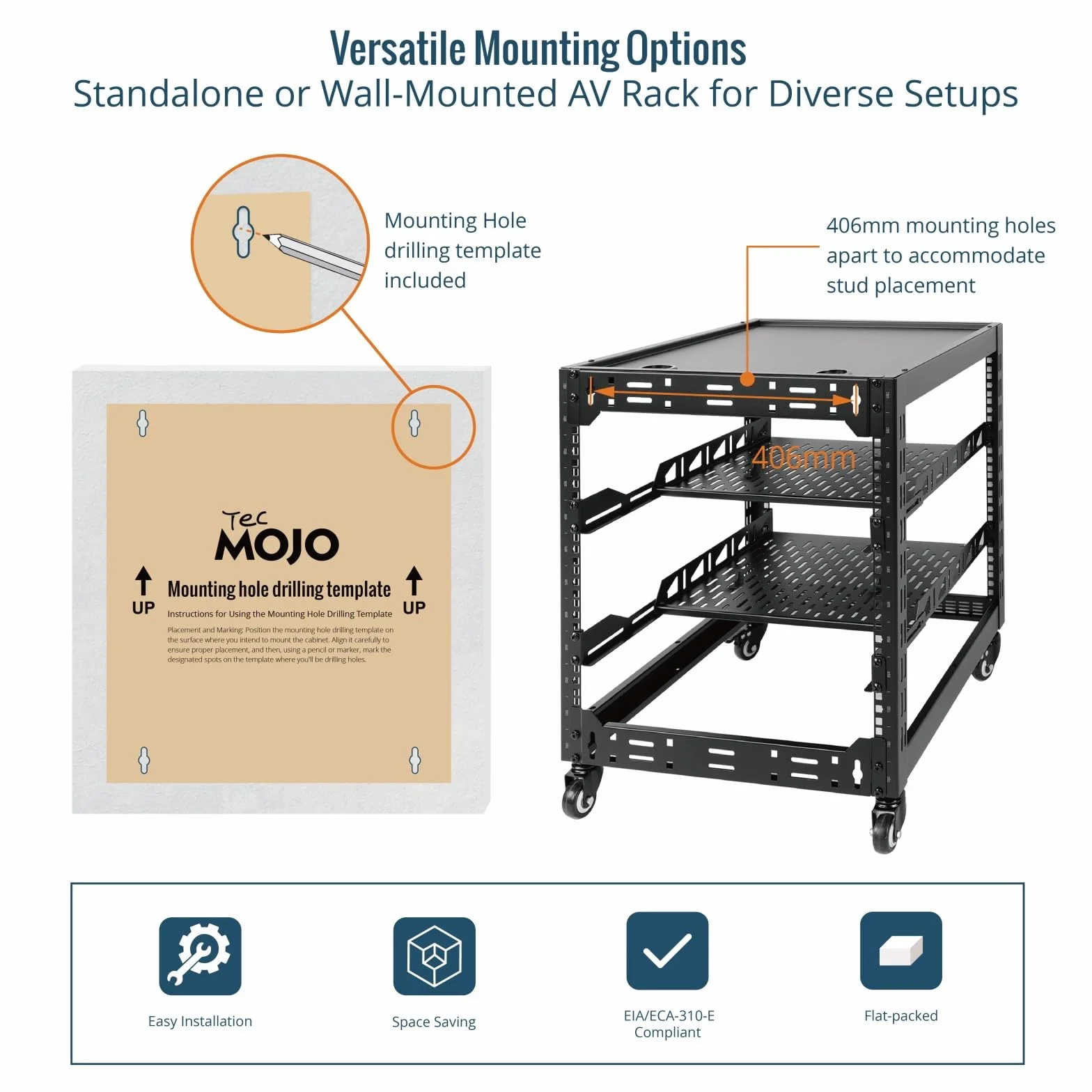 Tecmojo 19" Open Frame Rack sieciowy do serwerów i urządzeń AV, możliwość montażu na ścianie i stojącej, szafa sieciowa, 4 słupki z kółkami, z 2 wkładanymi półkami 1U i materiałem montażowym (12U)