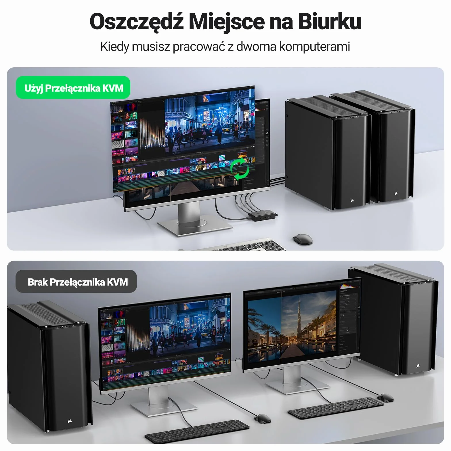 UGREEN Przełącznik KVM HDMI 4K 60 Hz 2 komputery 4 porty USB sterowanie biurkowe