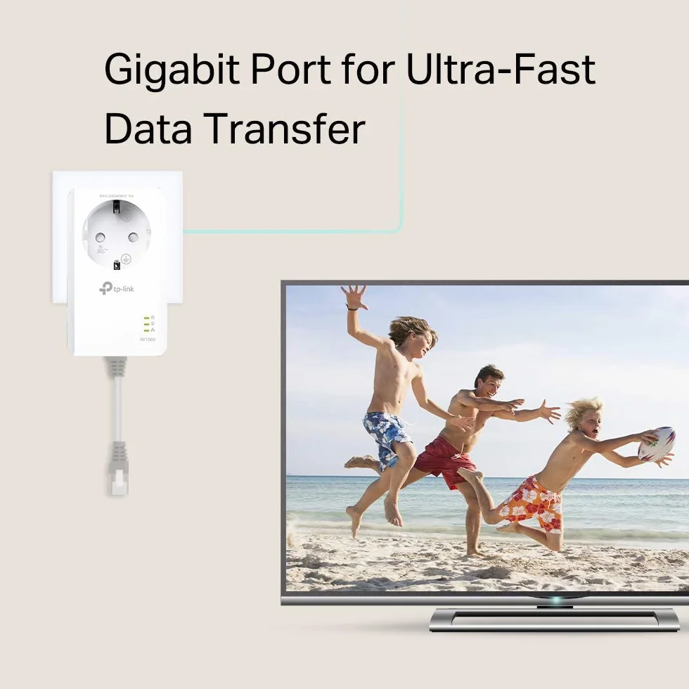 TP-Link TL-PA7017P KIT – Zestaw Powerline AV1000 z gniazdem, port Gigabit, Plug & Play, do 1000 Mb/s, idealny do streamingu 4K i gier przewodowych