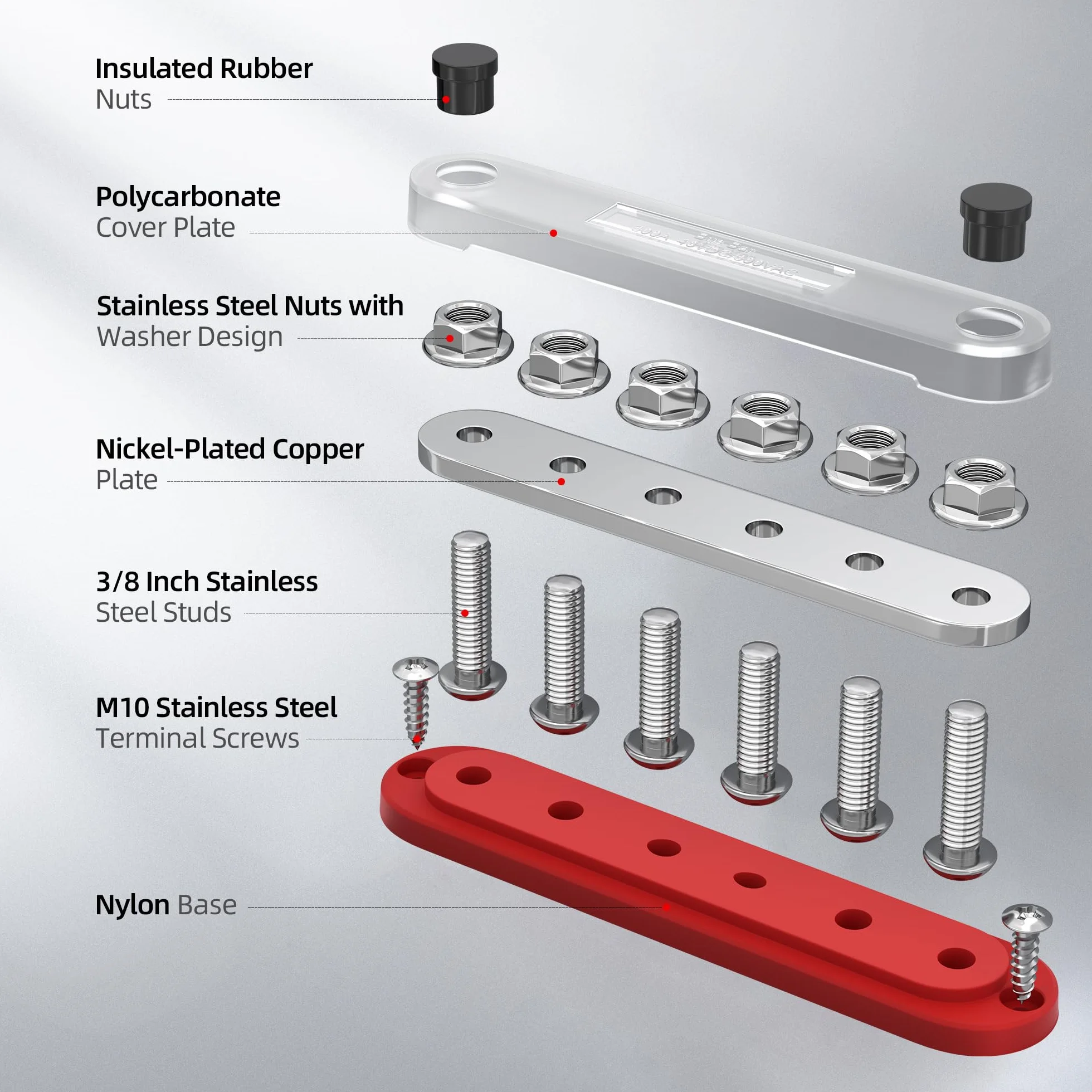 Joinfworld Szyna zbiorcza Busbar 12 V, 300 A blok rozdzielający zasilanie, morski blok rozdzielaczy zasilania z osłoną, 6 x 3/8", do 300 V AC 48 VDC, szyna dodatnia i masa do samochodu, łodzi (BB300