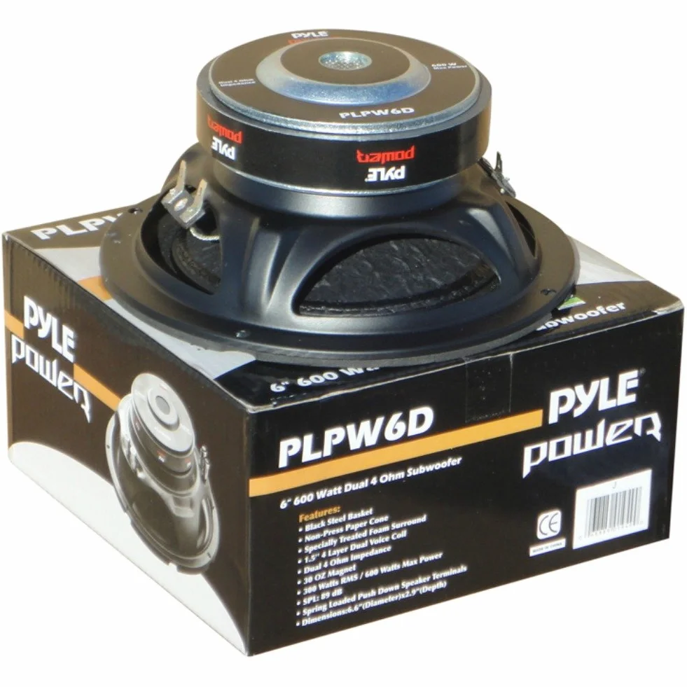 SUB SUBWOOFER PYLE PLPW6D o mocy 300 W RMS I 600 W maks. średnica 6,5" 16,50 cm 165 MM WOOFER DVC Podwójna cewka 4 + 4 OHM Doskonała również do samochodu lub w domu