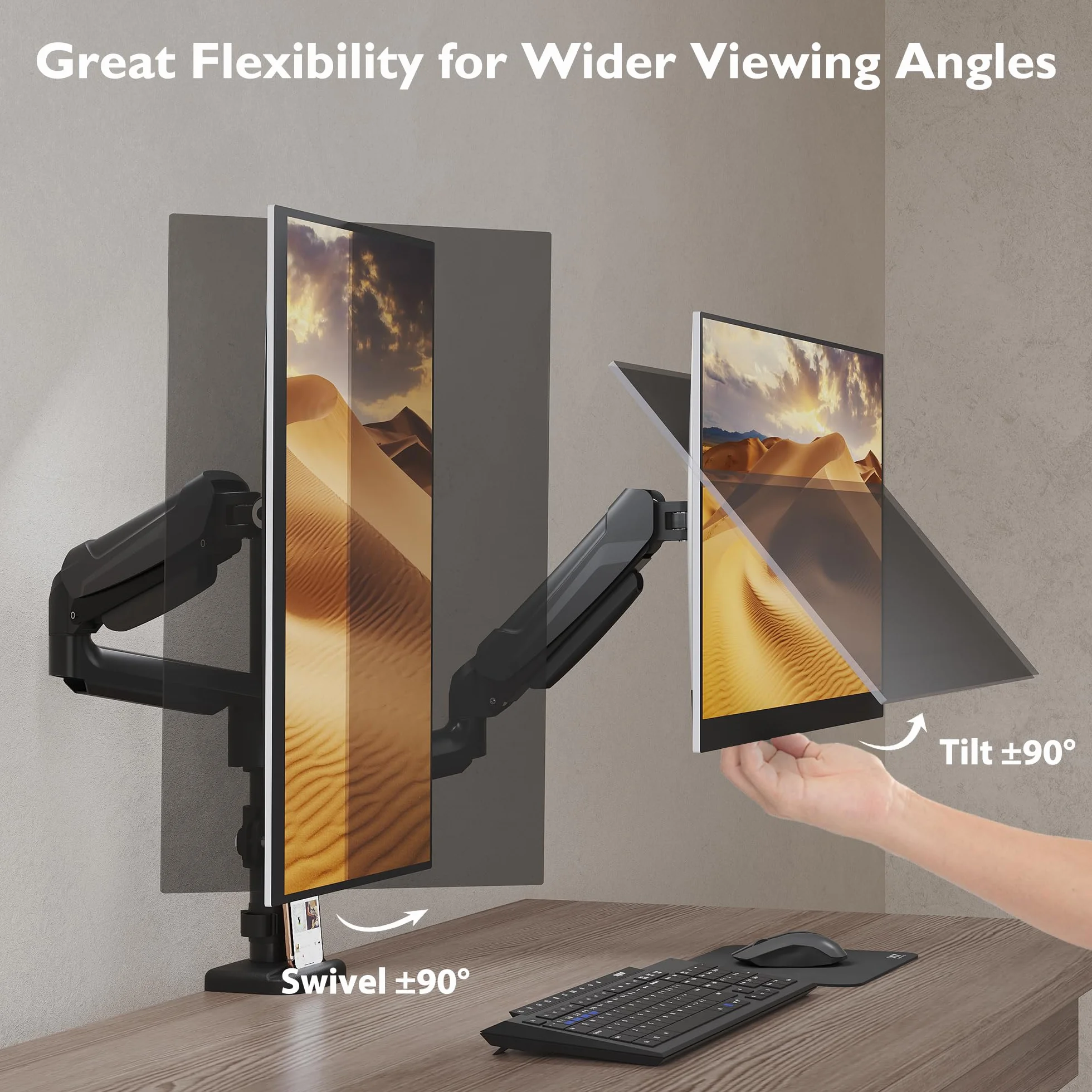 BONTEC Uchwyt biurkowy na 2 monitory 13-32 cale z ramieniem sprężyną gazową, regulacja nachylenia i obrotu, uchwyt na kable, VESA 75/100 mm, ergonomiczny stojak na monitory