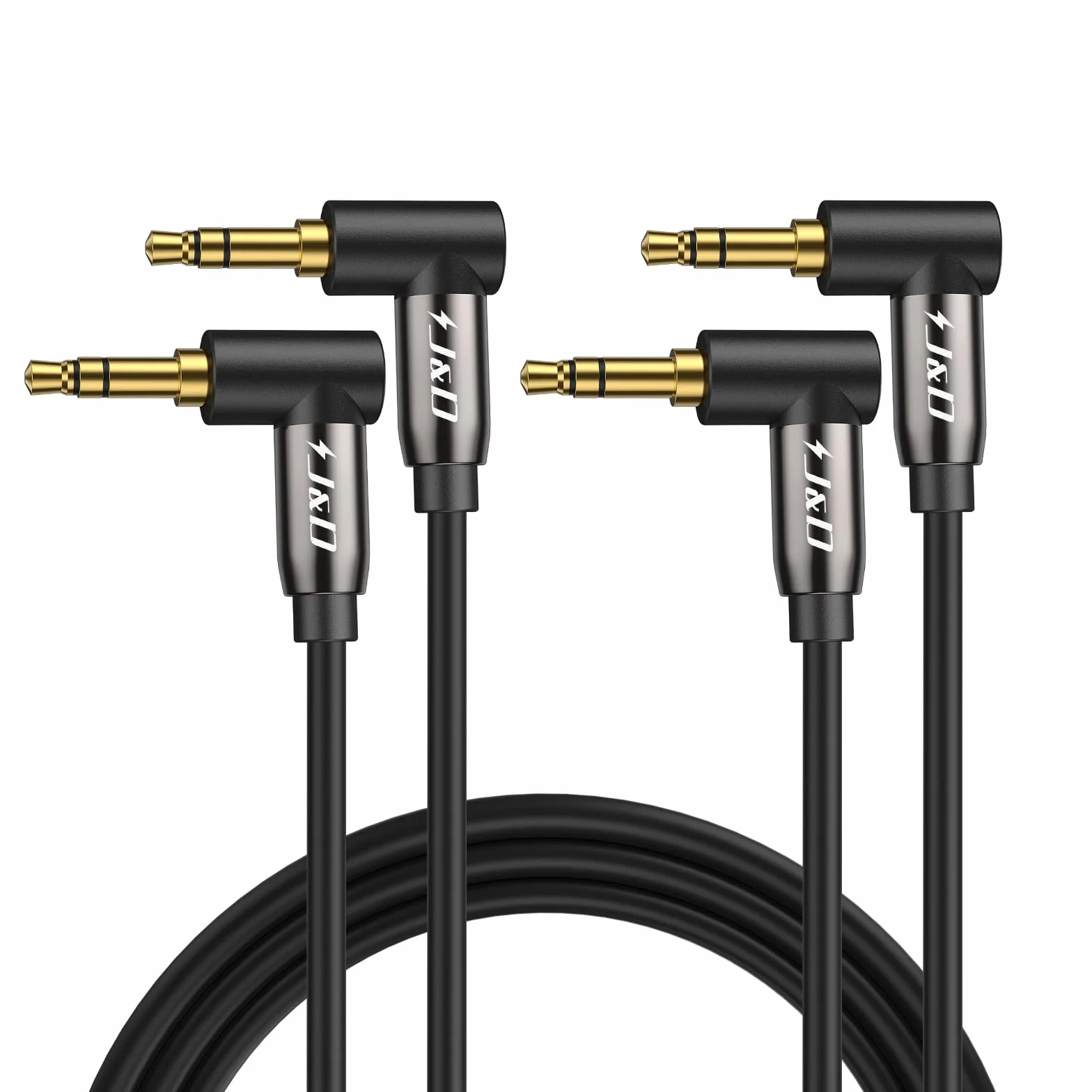 J&D 2-pakiety złoconych kabli audio stereo 3,5 mm Aux 90° prosty kąt Kompatybilne z iPhone, głośnikami i innymi urządzeniami, 0,9 m