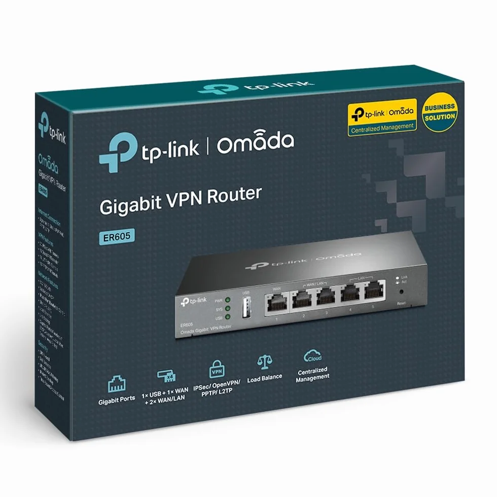 TP-Link ER605 Gigabitowy Router VPN – Multi-WAN, 5 portów Gigabit, Centralne Zarządzanie, Zaawansowane Zabezpieczenia, VPN Site-to-Site, OpenVPN/IPSec/L2TP/PPTP, Dla Firm