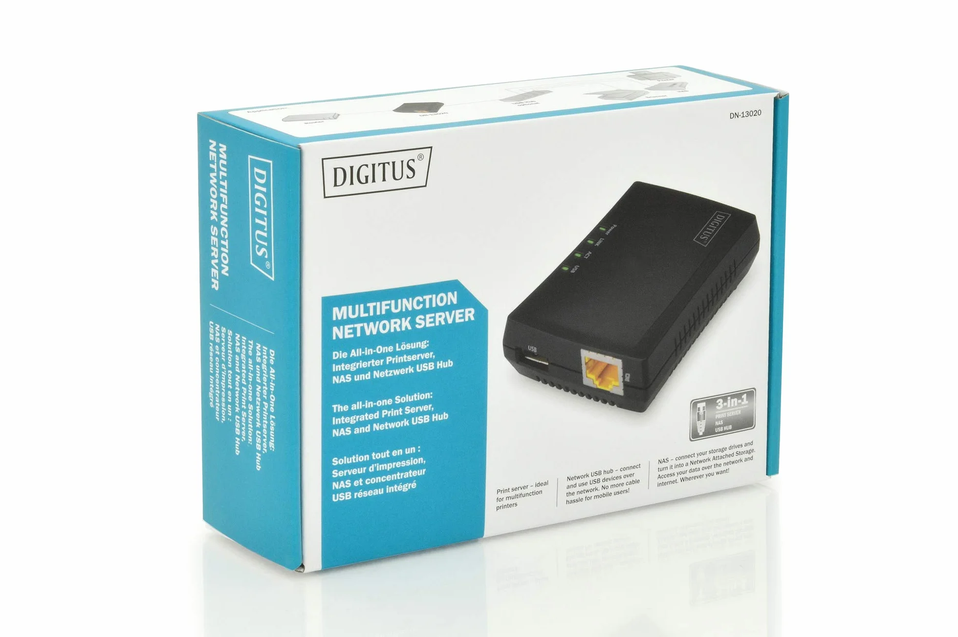 DIGITUS Fast Ethernet Serwer Sieciowy, Wielofunkcyjny dla NAS, Hub USB, Drukarka, Napęd DVD, 1 Port, USB 2.0, Sieć 10/100 Mbps, RJ45, Czarny