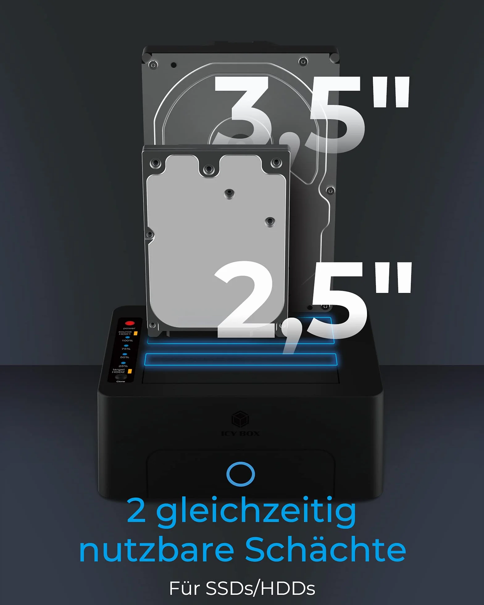 ICY BOX Dual HDD/stacja dokująca USB 3.0 do SATA 2,5 cala i 3,5 cala, dysk twardy stacja klonowa i urządzenie do czytania, adapter, zewnętrzny, czarny, IB-1232CL-U3