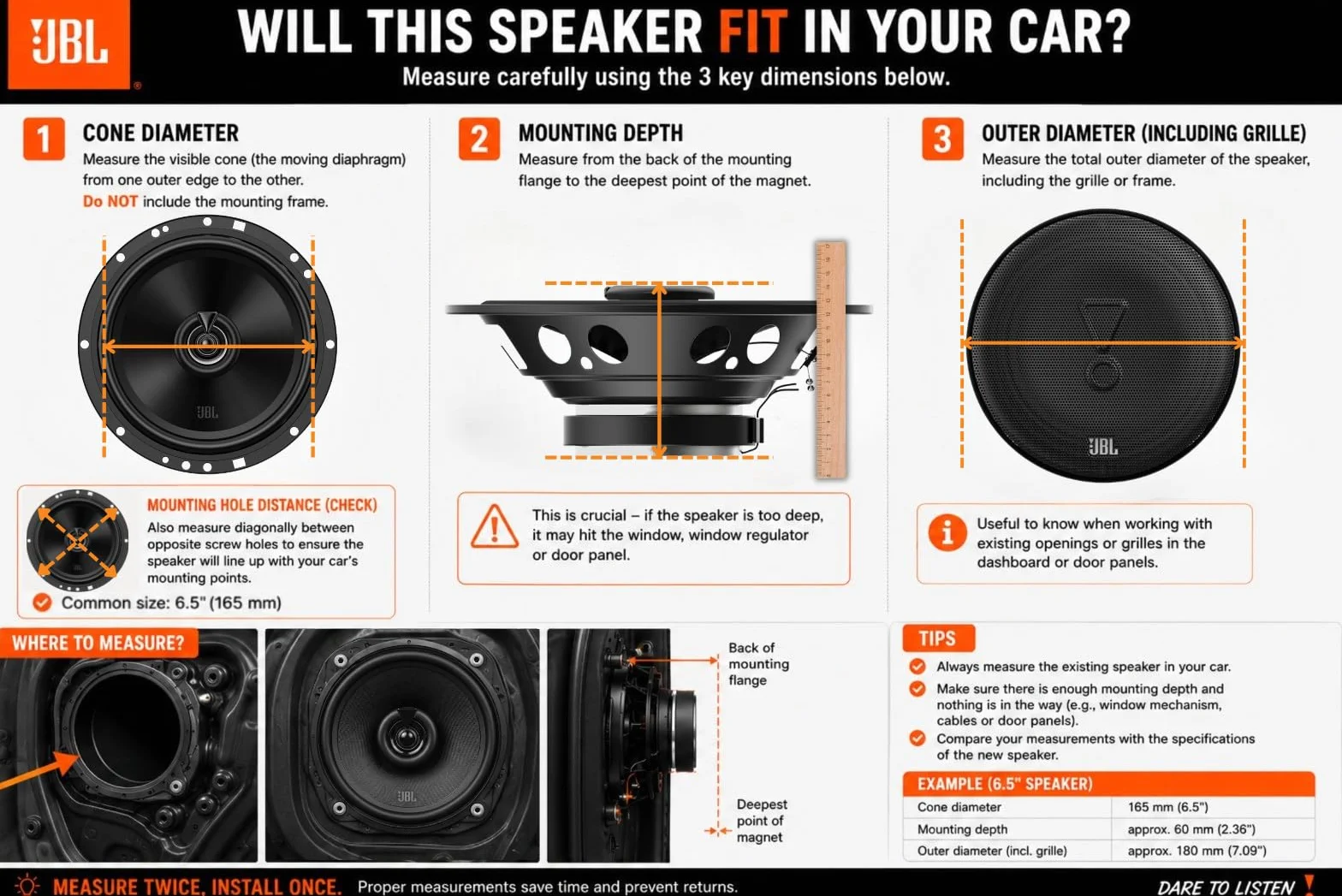 JBL Stage2 GEN2 65CF - 6,5 cala (165 mm) 2-drożne komponentowe głośniki samochodowe, 90 W RMS, szczyt 270 W, oddzielne głośniki wysokotonowe, OEM Fit Audio, z kratkami, łatwa instalacja, zestaw 2 szt
