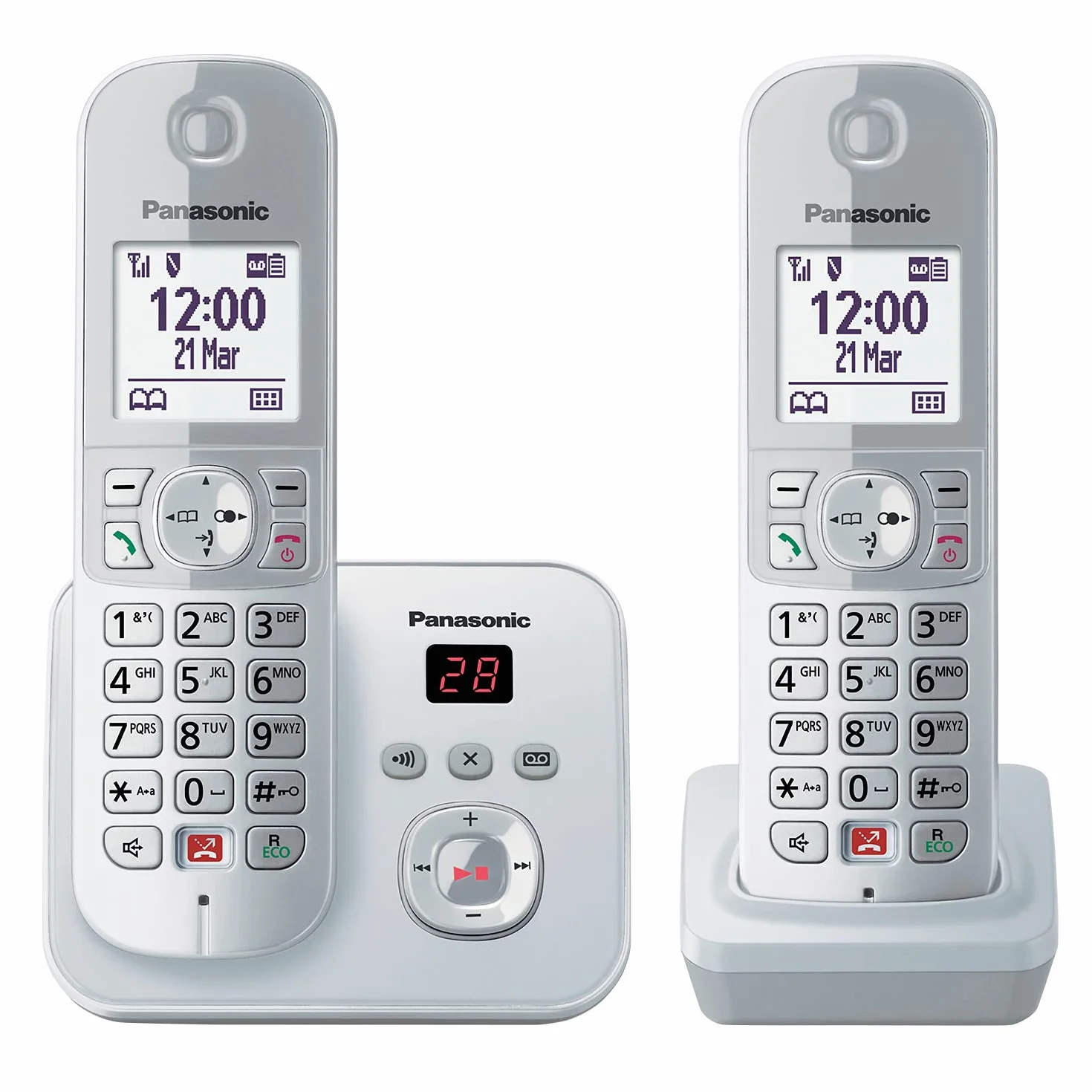 Panasonic KX-TG6862GS telefon bezprzewodowy z 2 telefonami i automatyczną sekretarką (blokada do 1000 numerów telefonów, przejrzysty rozmiar czcionki, głośna słuchawka, zestaw głośnomówiący w pełnym