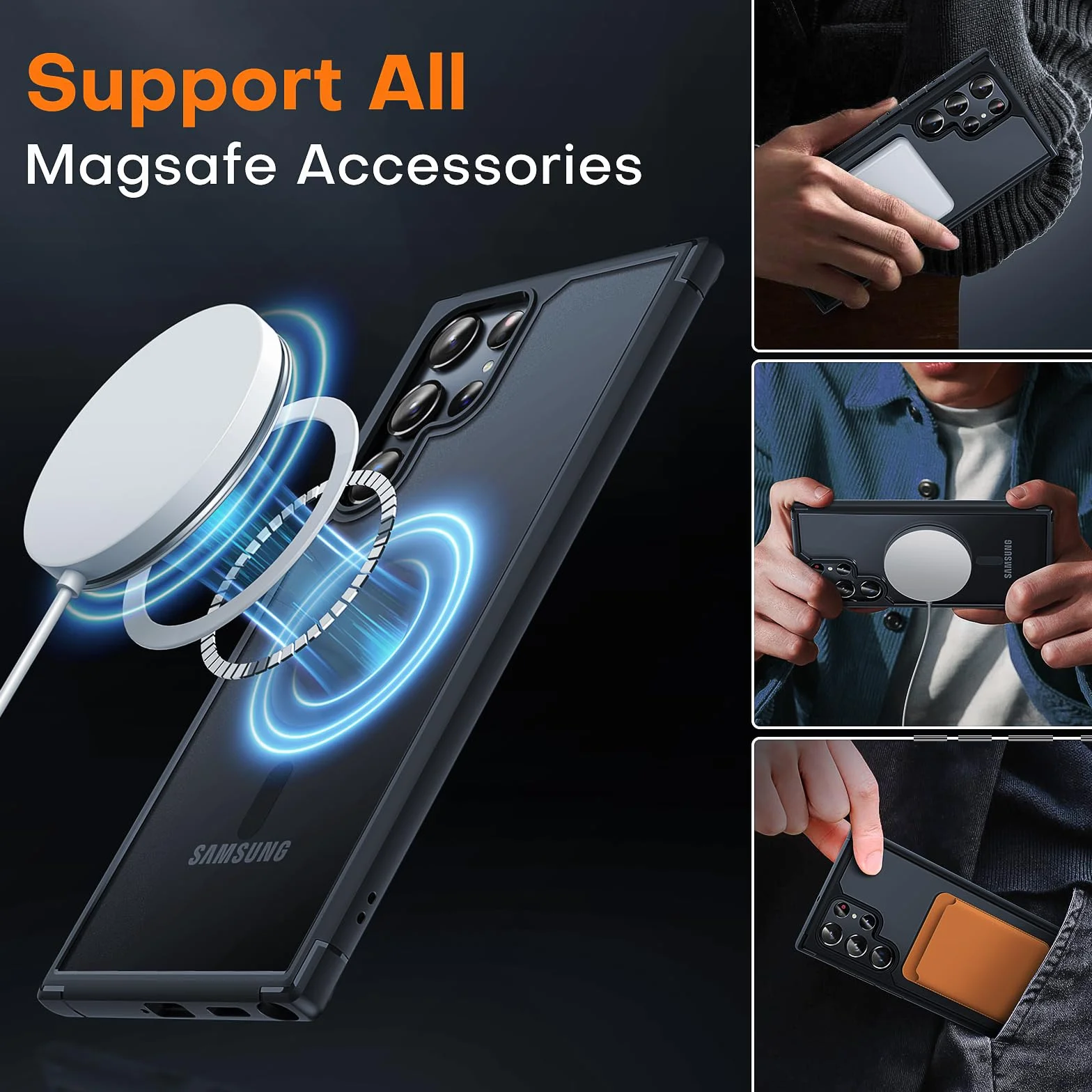 TOCOL Etui do Samsunga S22 Ultra do Magsafe [ulepszona pełna ochrona aparatu] [przetestowane na upadek klasy wojskowej] półprzezroczyste matowe twarde etui na tył telefonu S22 Ultra, czarne