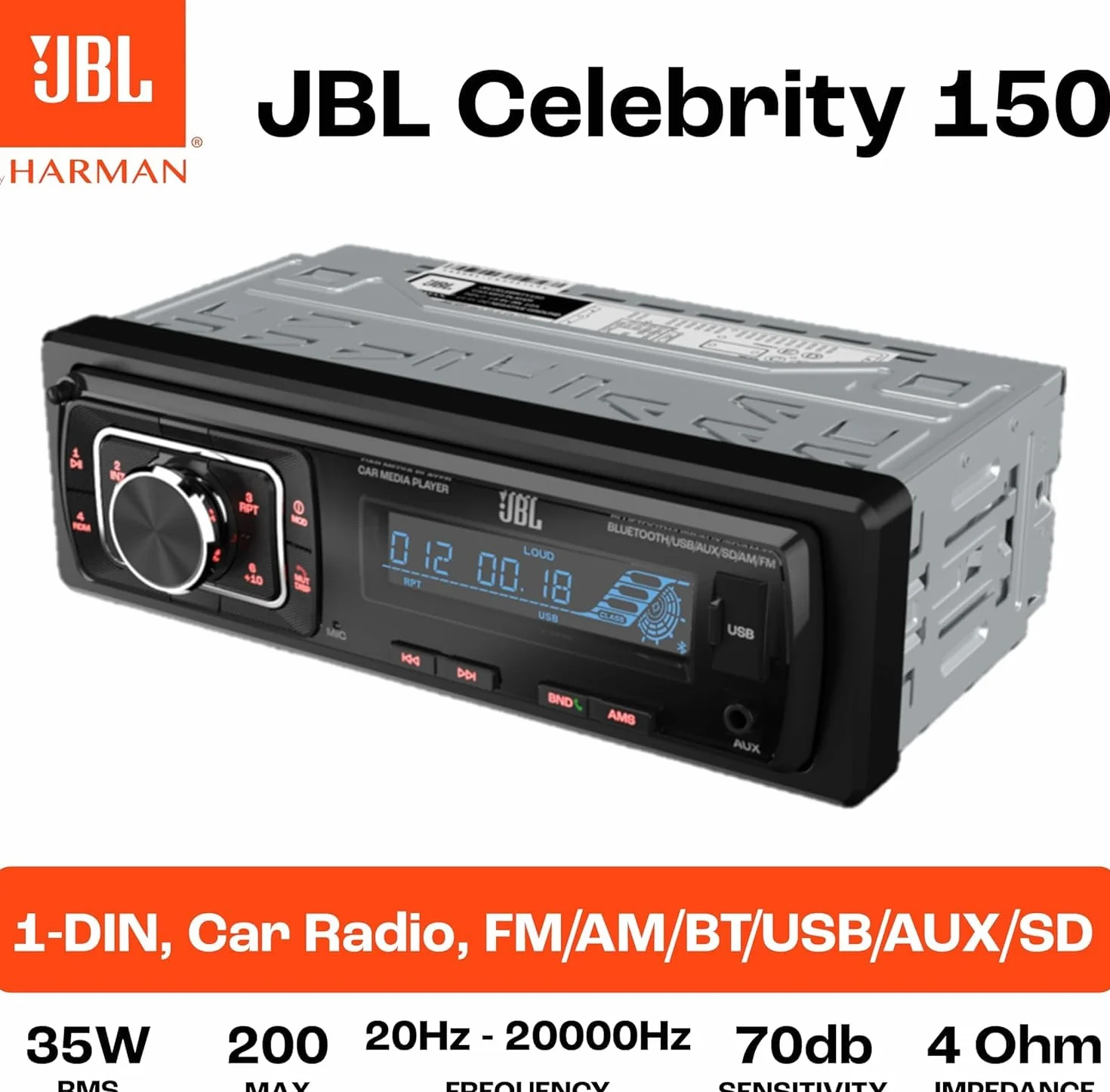 JBL Radio samochodowe Bluetooth Celebrity 150 firmy Harman Kardon, 1 DIN 4 x 50 W AM/FM Radio z Bluetooth Streaming i zestawem głośnomówiącym do samochodu ze zdejmowanym wyświetlaczem, USB, SD, AUX i