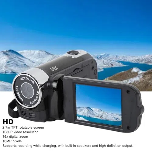 Ręczna Kamera Wideo, Kamera DV 1080P 4K 48MP 16x Cyfrowa Kamera Wideo Vlogging 2,7-calowy Obrotowy Ekran TFT LCD (BLACK)