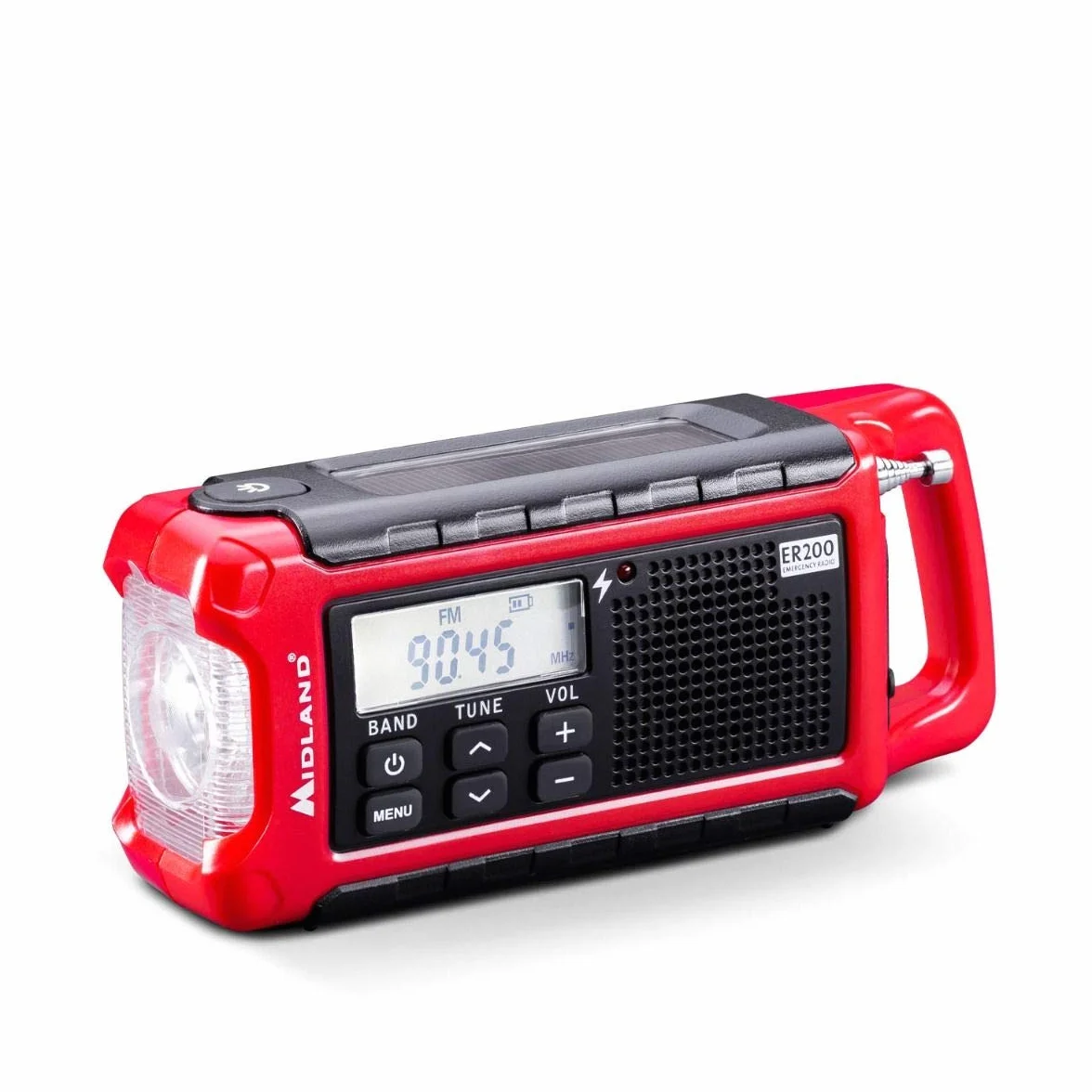 Midland ER200 Wielofunkcyjne Przenośne Radio Nakręcane, Awaryjny Powerbank 2200 mAh, Latarka LED, Solarna, Korba Ręczna, AM/FM USB, Akumulatory i Kabel USB