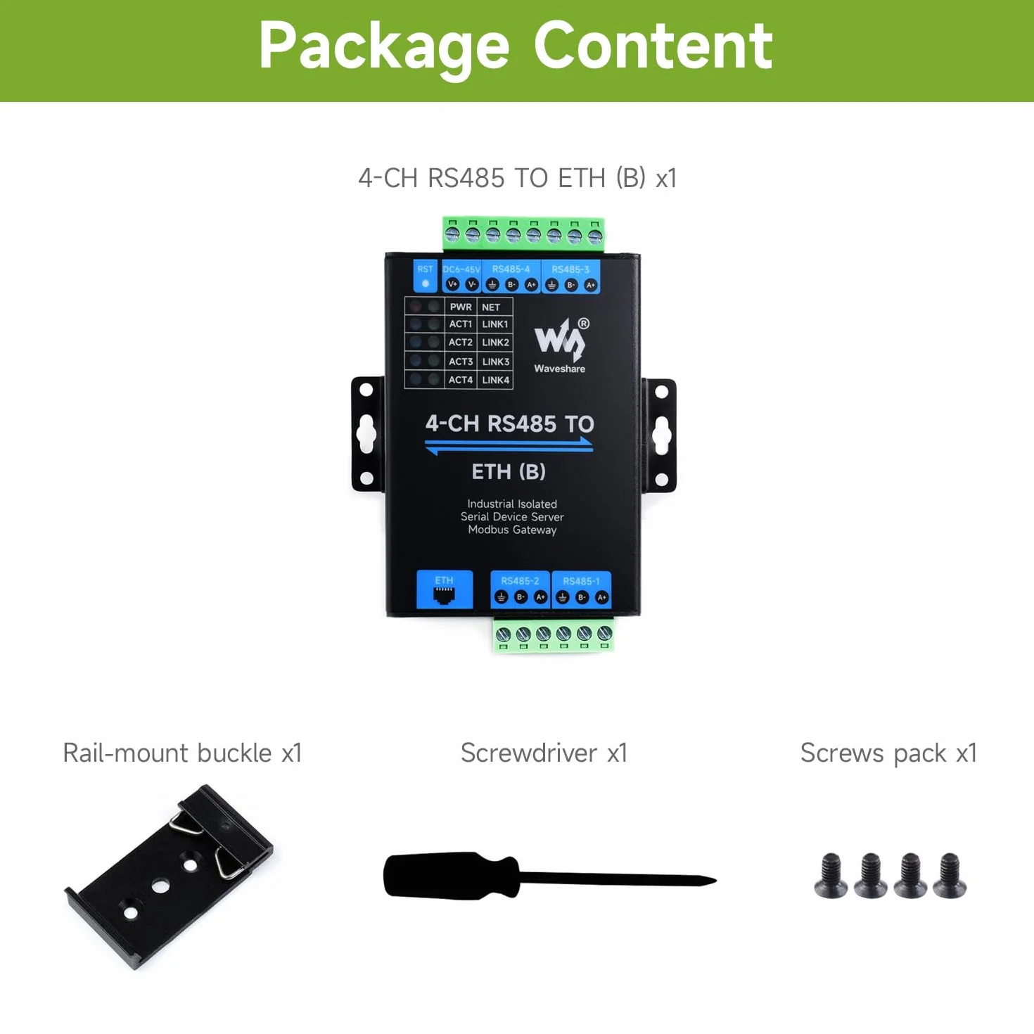 Waveshare 4-Ch RS485 to RJ45 Ethernet Serial Server Modbus Gateway