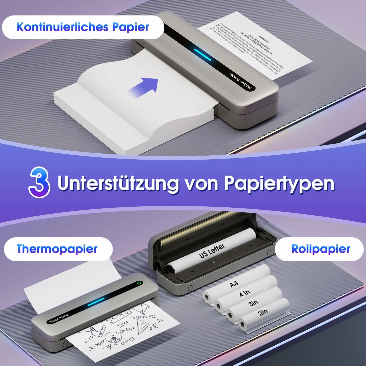 ASprink Drukarka Termiczna, Przenośna Drukarka Bezprzewodowa M832 na Papier Termiczny US Letter/A4/4"/3"/2", Przenośna Drukarka bez Atramentu dla Systemów Android i iOS - Szary