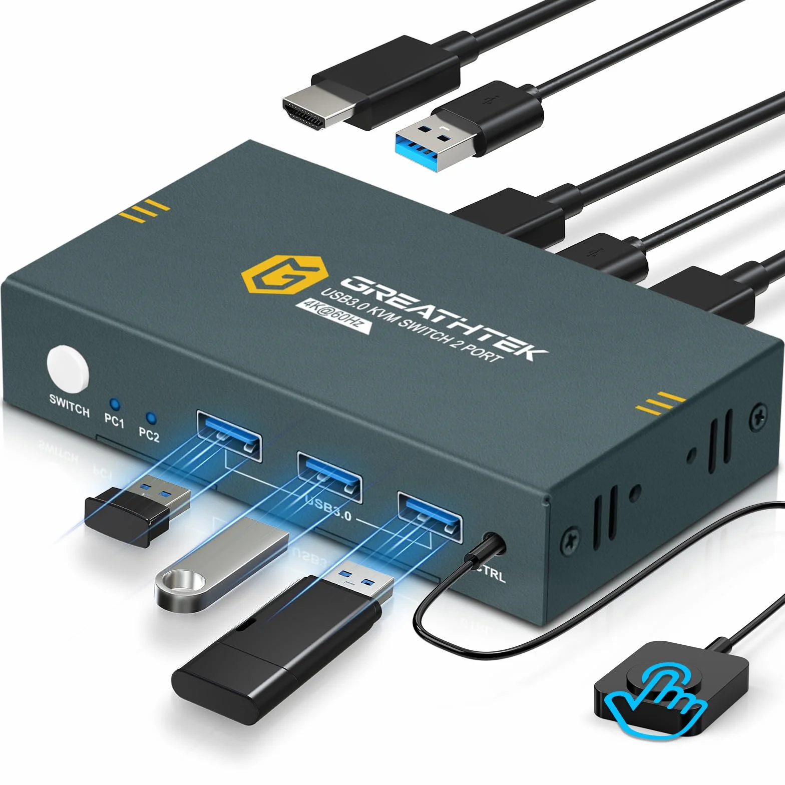 Przełącznik usb 3.0 KVM HDMI 2 porty 4K 60 Hz, przełączniki KVM do 2 monitorów PC, 1 z 3 portami USB 3.0, HDMI2.0, HDCP2.2, obsługa funkcji EDID, w zestawie 2 kable
