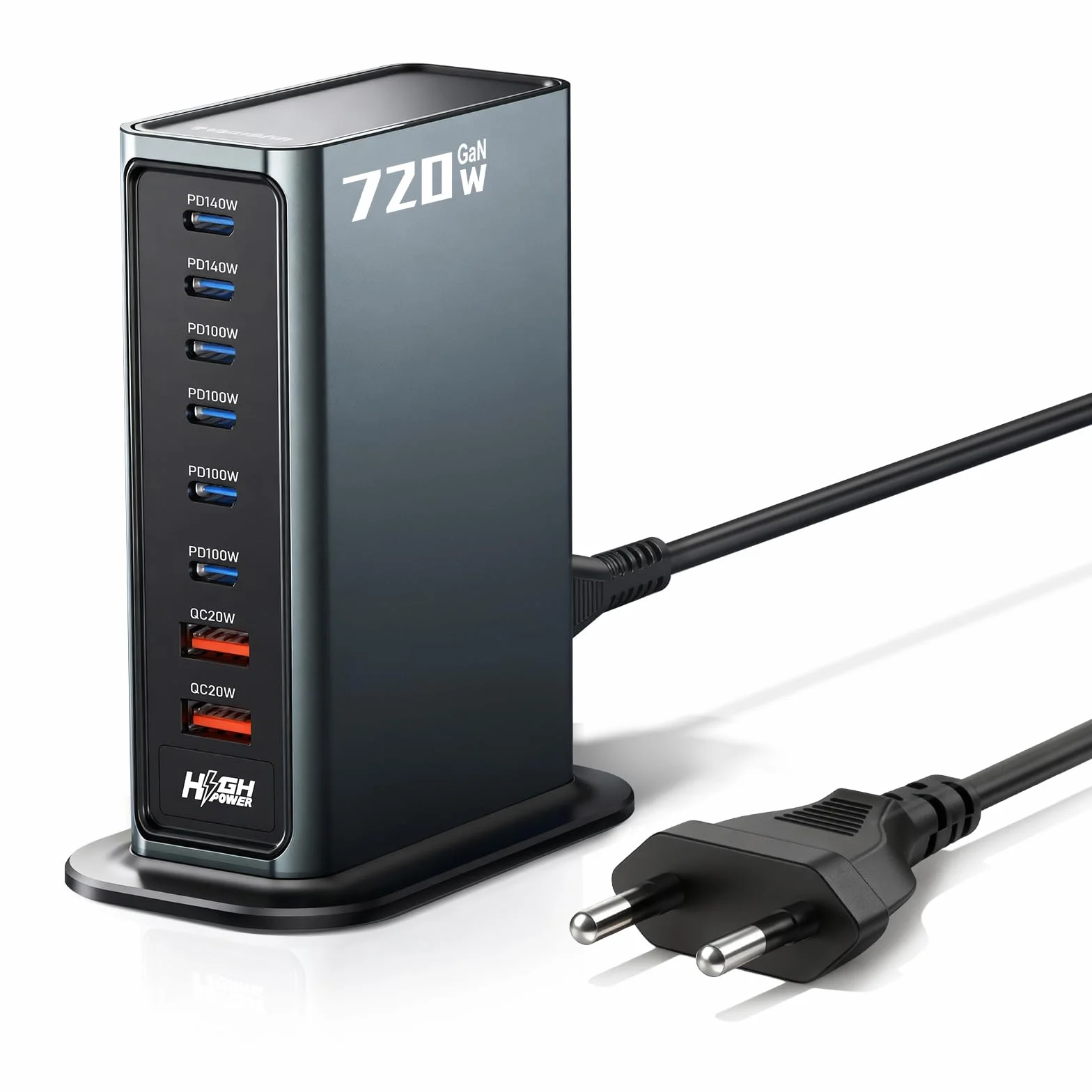 Ładowarka wieloportowa Rocoren USB-C 720W, 8-portowa stacja ładująca PD 140W z 4 portami USB-C i 2 portami A, zasilacz USB GaN do laptopów, MacBooków, iPadów, iPhone'ów, Samsungów i innych urządzeń