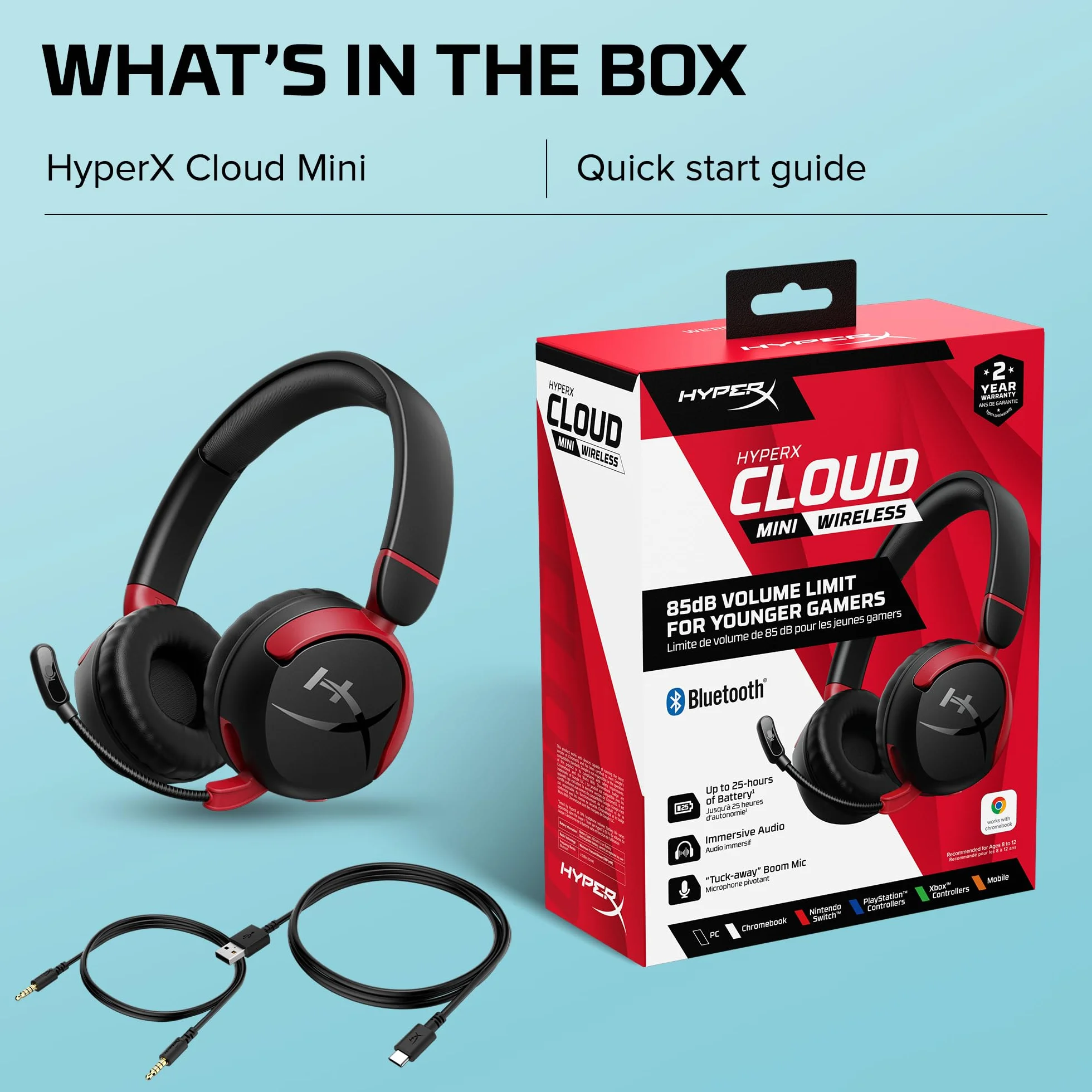 HyperX Cloud Mini Wireless - Bezprzewodowy zestaw słuchawkowy do gier dla dzieci, ograniczenie głośności 85dB, dla PC/Switch/PS/Chromebook/Xbox/Mobile, czarny