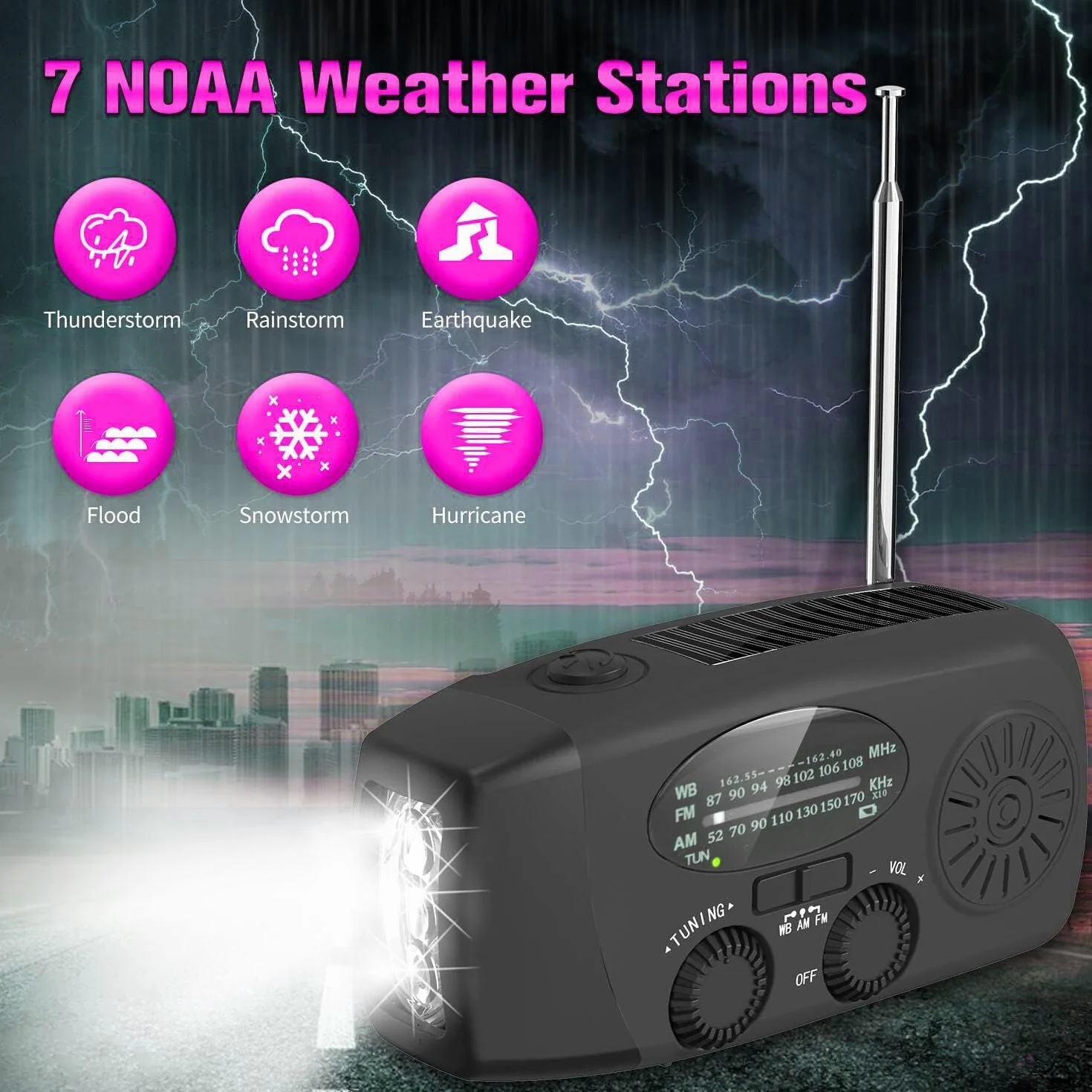 Radio awaryjne z korbą AM/FM solarne 2000 mAh powerbank latarka LED ładowarka czarny