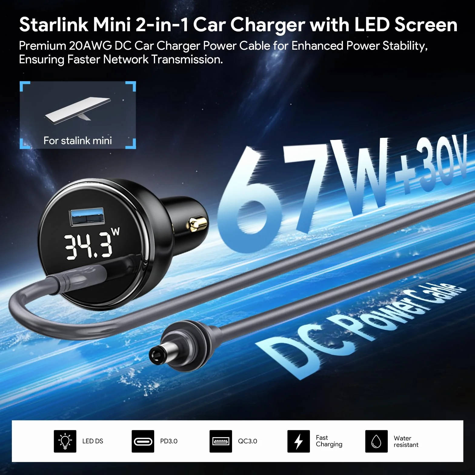 EDUP Star Link Mini adapter samochodowy, kabel zasilający DC + adapter do zapalniczki samochodowej Star Link 12 V-24 V z cyfrowym wyświetlaczem, wodoodporny kabel do ładowania samochodu ze złączem USB