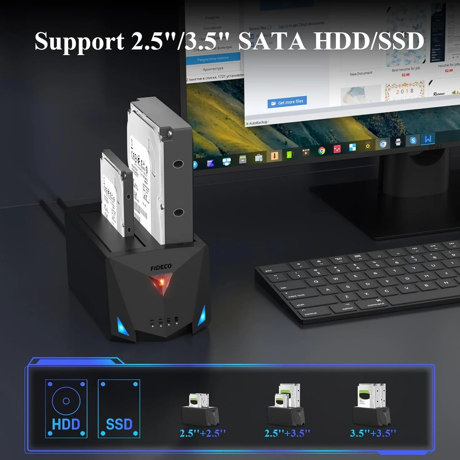 FIDECO Stacje Dokujące do Dysków Twardych, USB 3.2 Gen 1 Zewnętrzny Dysk Twardy Stacja Dokująca dla 2.5''/3.5'' SATA HDD oraz SSD, Stacja Dokująca z Portem Type C, Obsługa Klonowania Offline
