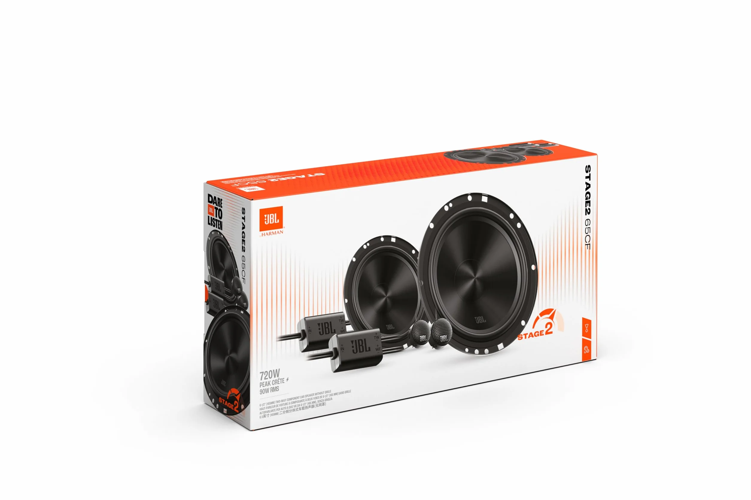 JBL Stage2 GEN2 65CF - 6,5 cala (165 mm) 2-drożne komponentowe głośniki samochodowe, 90 W RMS, szczyt 270 W, oddzielne głośniki wysokotonowe, OEM Fit Audio, z kratkami, łatwa instalacja, zestaw 2 szt