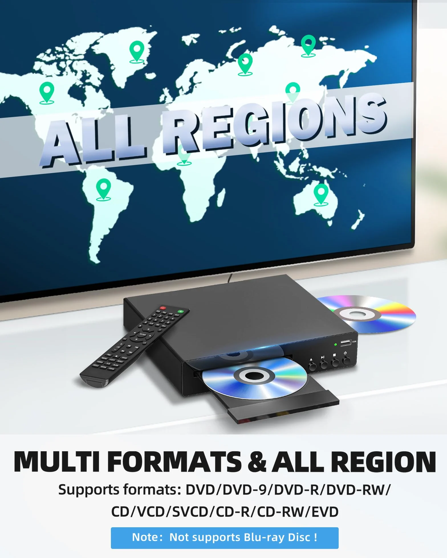Kompaktowy odtwarzacz DVD do telewizora, odtwarzacz DVD do domu z HDMI, RCA, USB, pilot zdalnego sterowania, obsługa wszystkich regionów 1080P, NSTC/PAL, formaty CD, pamięć punktów przerwania