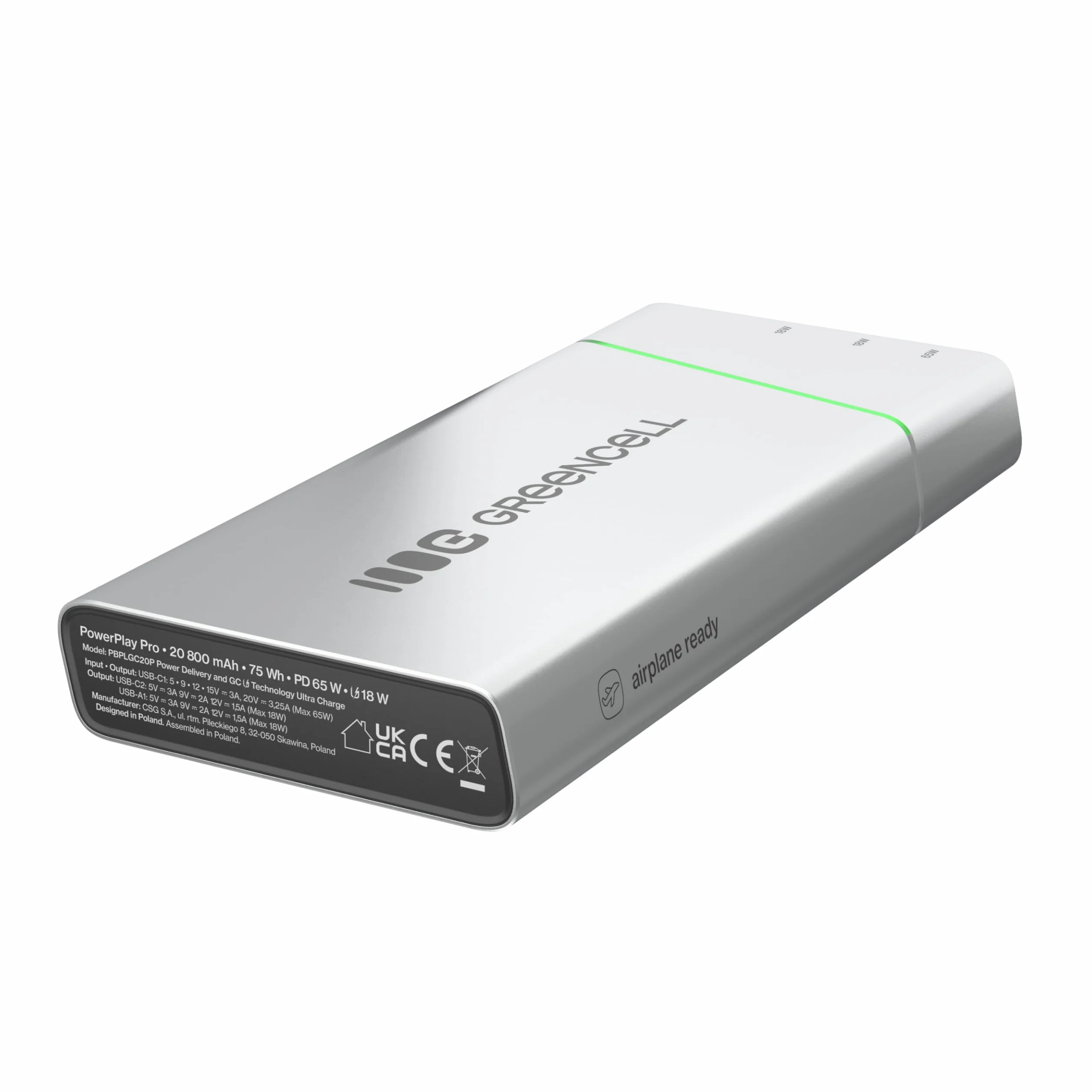 Powerbank Greencell PowerPlay Pro 20800 mAh 65 W, USB-C PD, szybkie ładowanie do MacBook, konsoli, iPhone 16/15/14 Pro Max, zewnętrzna ładowarka z 2 x USB-C, 1 x USB-A, idealny do podróży
