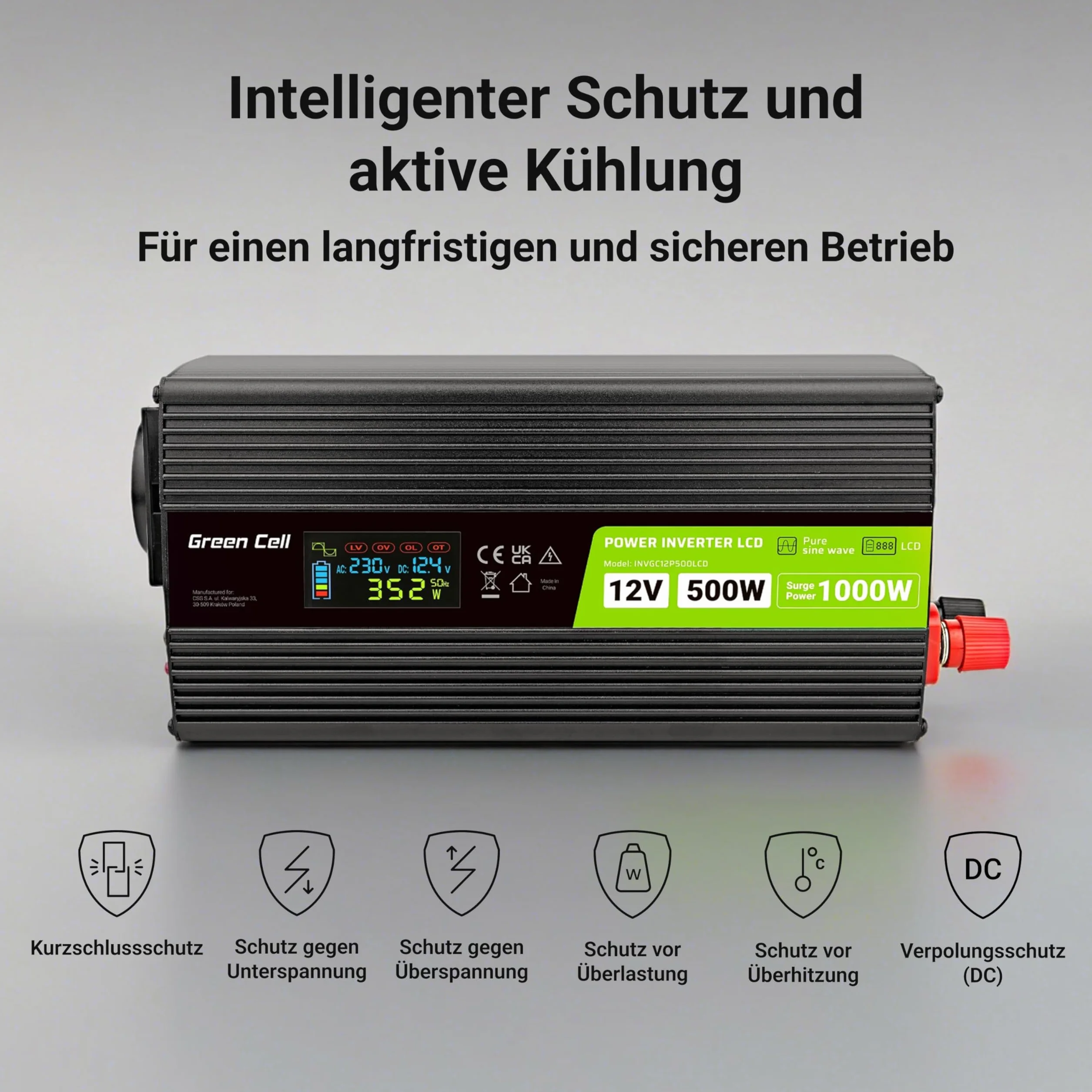 Green Cell Przetwornica napięcia LCD 500 W/1000 W 12 V do 230 V Czysty konwerter napięcia sinusoidalnego PowerInverter DC AC Karawana przetwornica napięcia sinusoidalnego