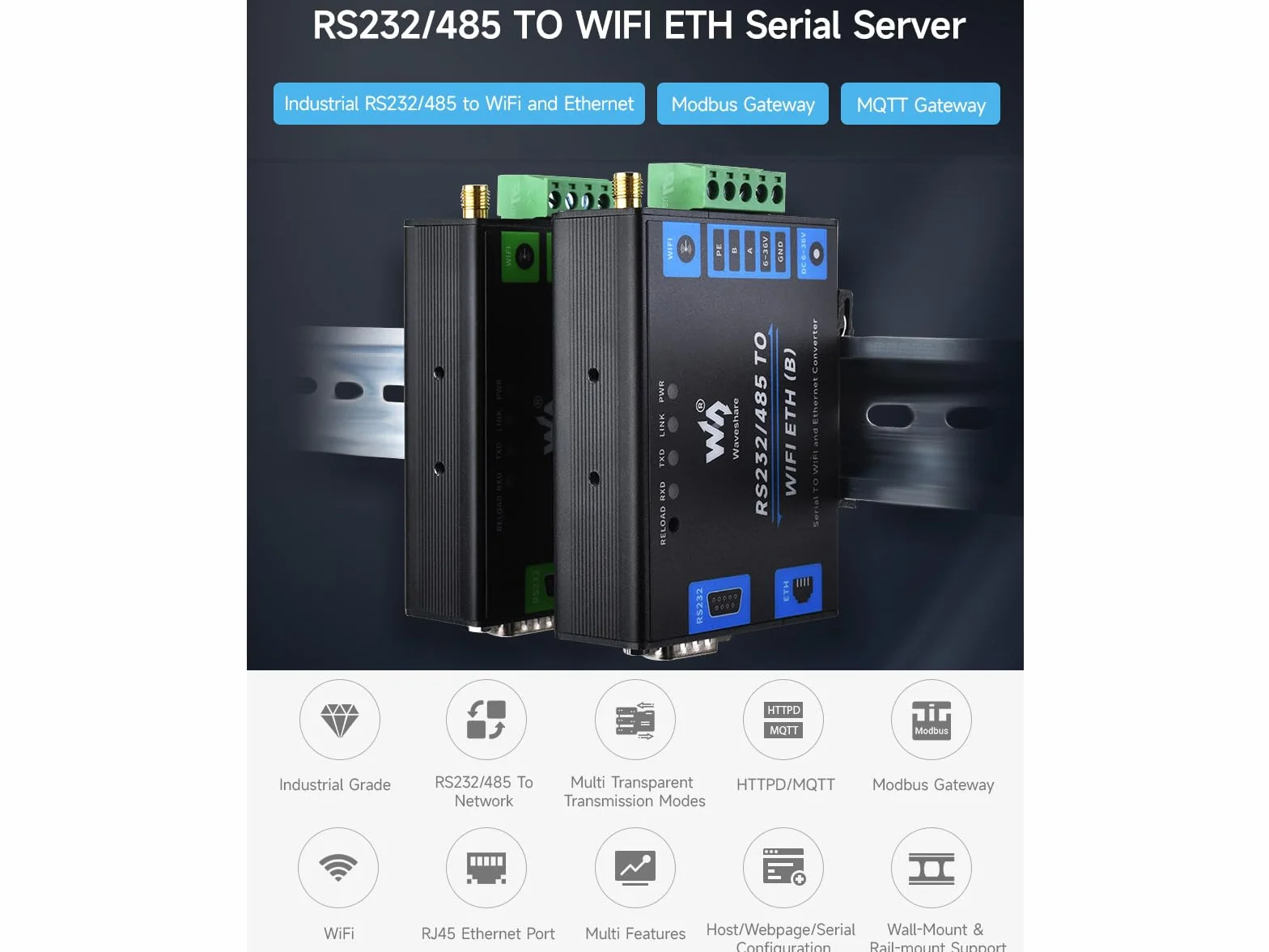 Waveshare RS232/485 to WiFi and RJ45 Ethernet Converter Module with POE Function, Industrial Grade Server Serial, obsługa Ethernet to WiFi, port szeregowy do Ethernet, bramka modbowa, brama MQTT