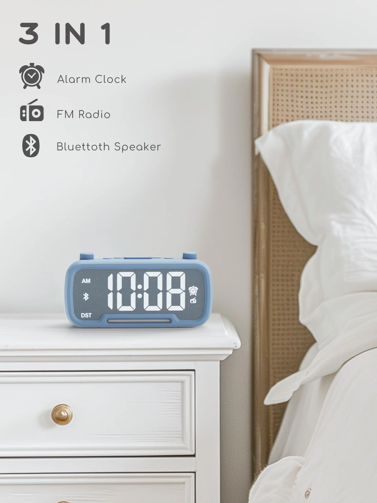 ROCAM Budzik z lampką nocną zegar LED radio FM cyfrowe zasilanie sieciowe ściemnianie USB Typ-C DST Nap timer zapasowa bateria