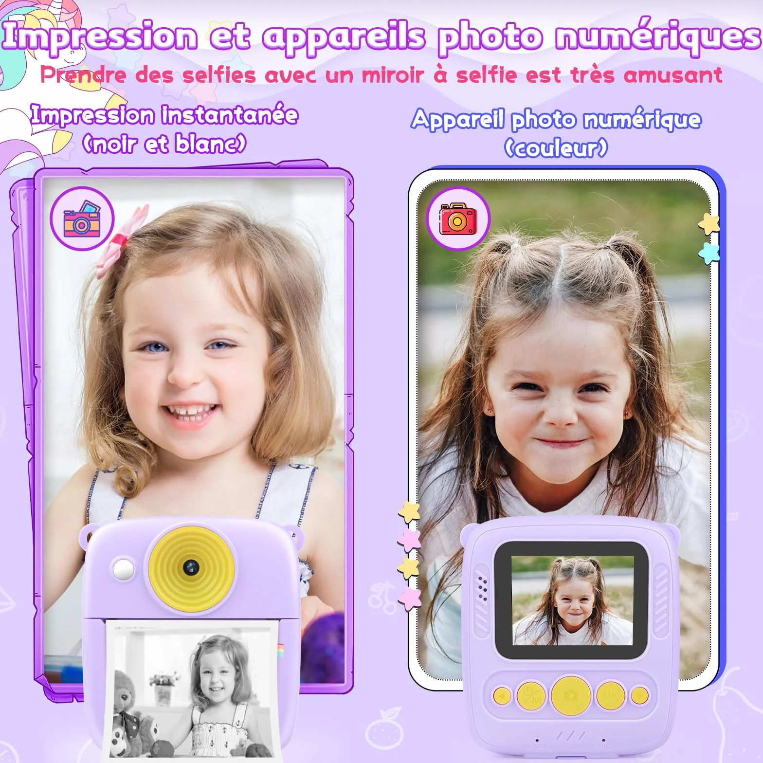 Aparat natychmiastowy dla dzieci, aparat natychmiastowy 48 MP dla dzieci z kartą 32 GB i papierem do drukowania, aparat cyfrowy dla dzieci 1080P, prezent dla chłopców - fioletowy