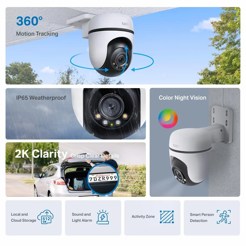 TP-Link Tapo C510W Kamera zewnętrzna Wi-Fi 2K QHD IP65 Śledzenie ruchu Pełnokolorowy tryb nocny
