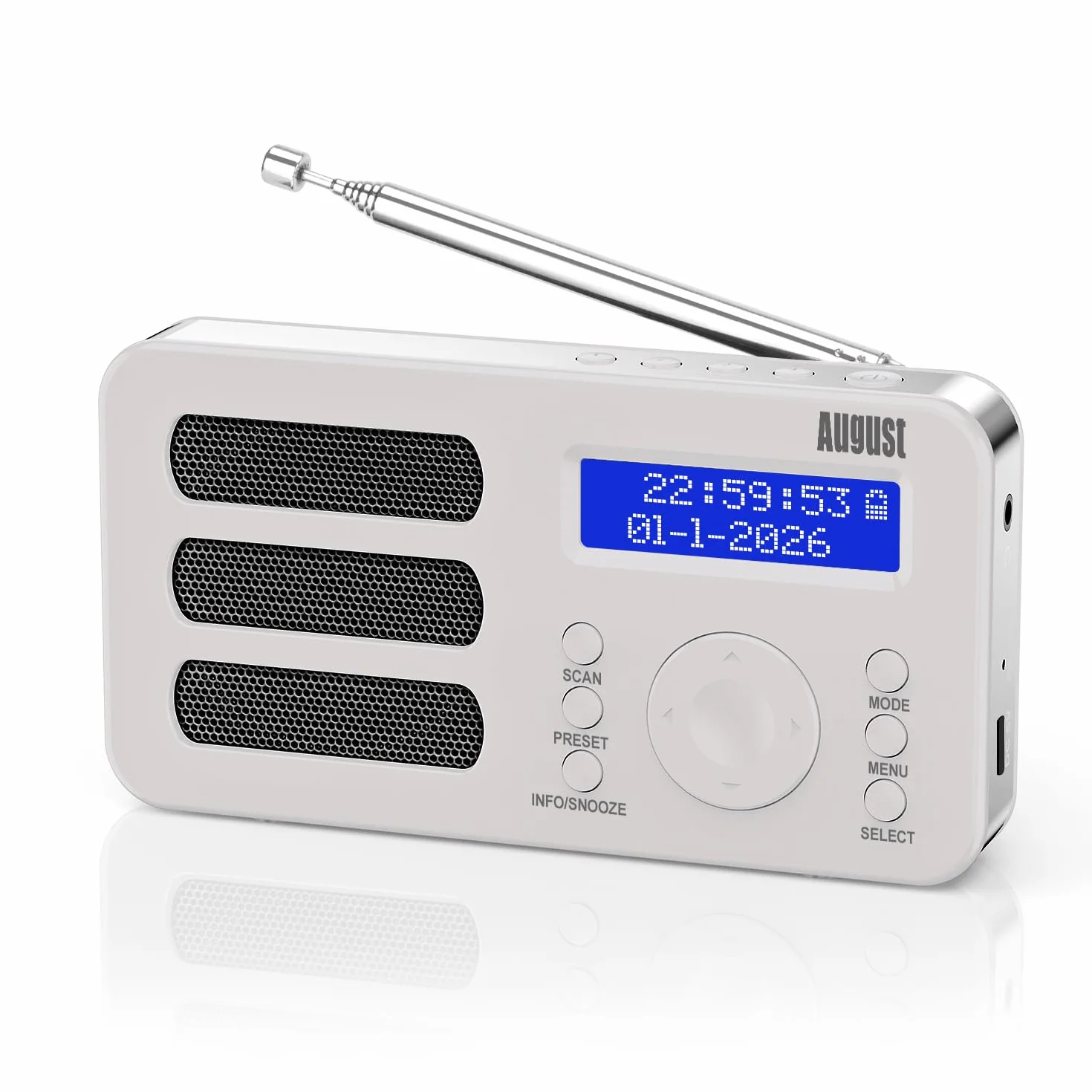 August MB225 - Przenośne radio cyfrowe - DAB/DAB + / FM - funkcja RDS, możliwość zaprogramowania 40 stacji, przenośne radio stereo/mono, podwójny alarm, akumulator, gniazdo słuchawkowe (białe)