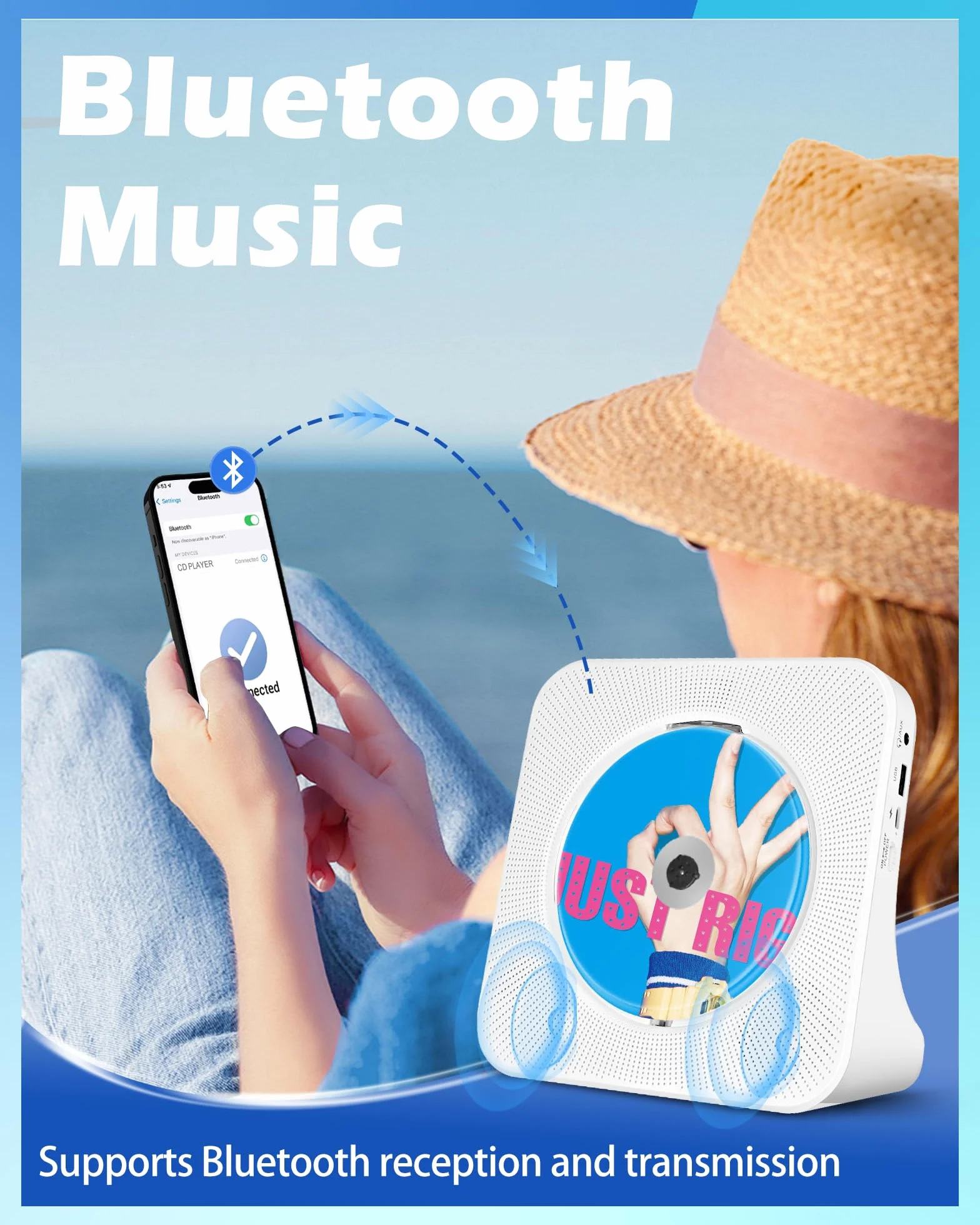 Ładowalny Przenośny Odtwarzacz CD，Wbudowany Odtwarzacz CD Bluetooth z Dwoma Głośnikami, Pilot Zdalny, USB，AUX，Domowe Odtwarzaczes CDs HiFi Stereo，Odtwarzaczs CDs Kompaktowy, Radio FM