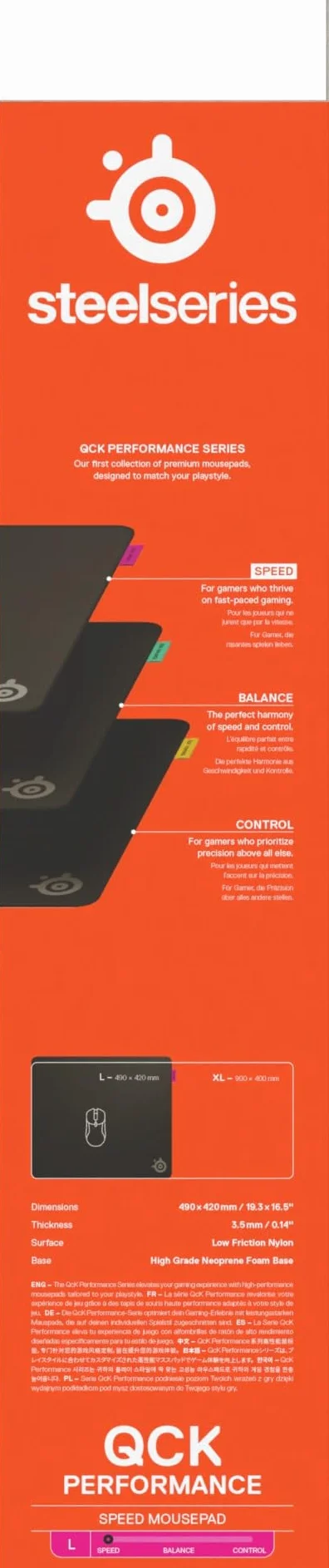 SteelSeries, podkładka QcK L Performance Speed - Dodatkowa gęstość dająca poślizg - Niskoprofilowe przeszycia krawędzi - Antypoślizgowa podstawa z neoprenu - Rozm. 490 x 420 mm - FPS, MOBA, RTS, MMO