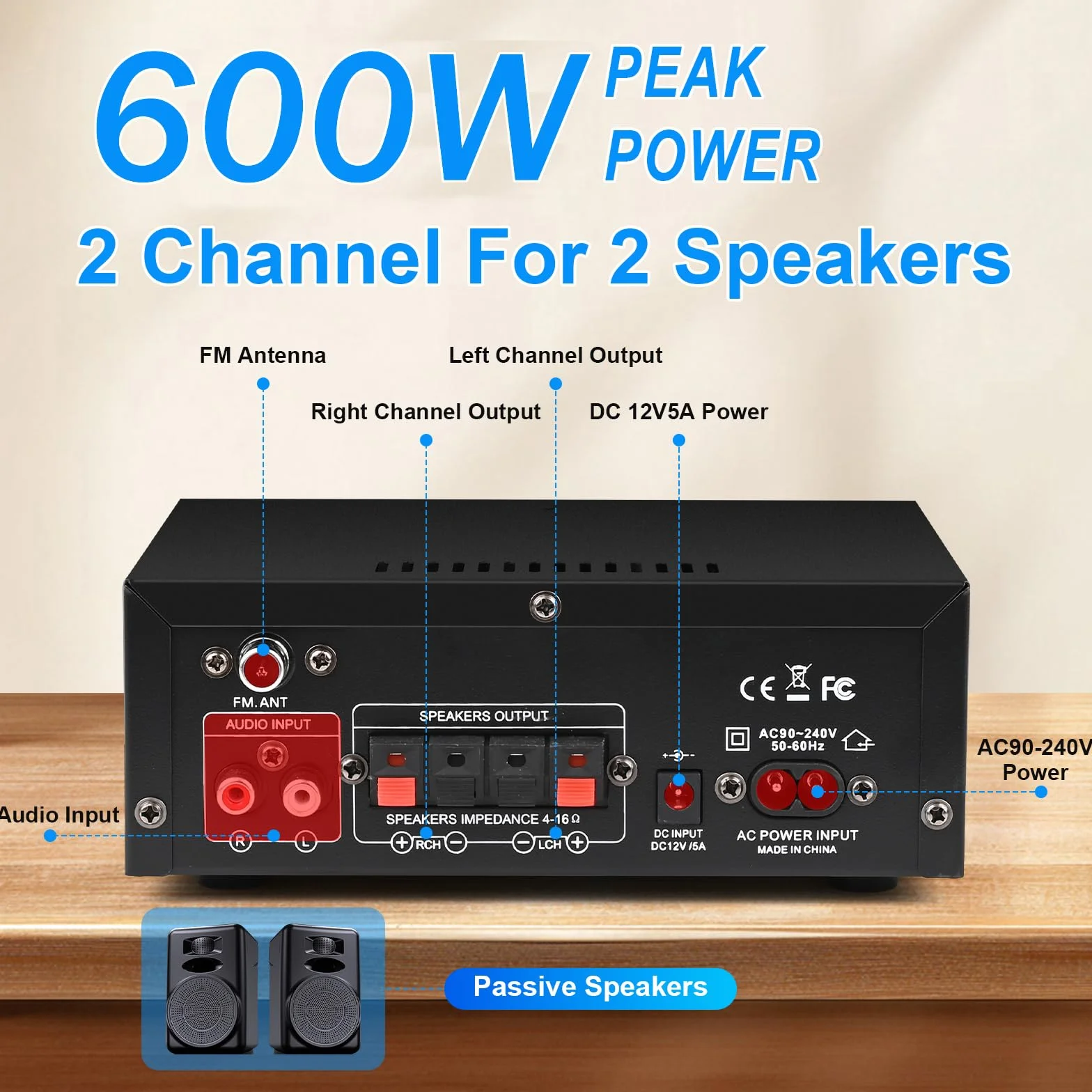Romicta Wzmacniacz audio, wzmacniacz HiFi, wzmacniacz stereo 600 W, 2-kanałowy, Bluetooth 5.0, wyświetlacz LCD 12 V, 220 V, Hi-Fi, przenośne radio FM, karta SD Card/USB, do domu lub samochodu