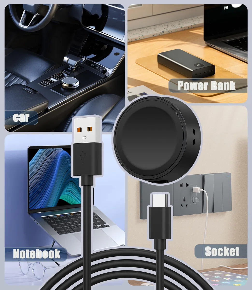 Kabel do ładowania kompatybilny z Samsung Galaxy Watch 8/8 Classic/Watch 7/Ultra/6/6 Classic/5/5 Pro/4/4 Classic/3/Active/Active 2, magnetyczna stacja ładująca, ładowarka z adapterem USB A na