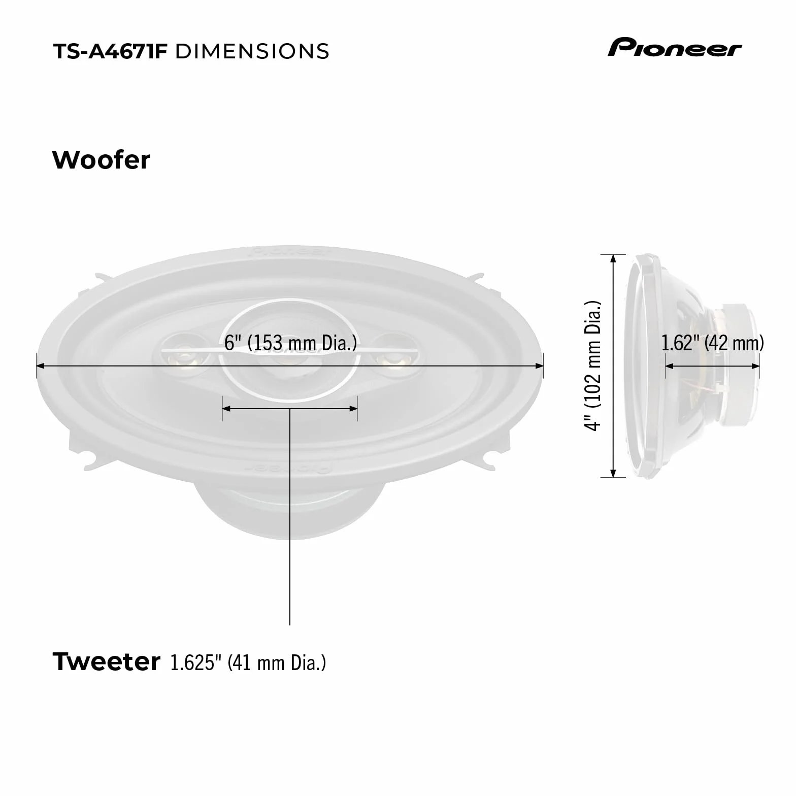 Pioneer TS-A4671F 4 x 6" 4-drożny koncentryczny zestaw z 2 głośnikami (każdy o mocy maks. 210 W, sinusie 30 W), wysoka wydajność, głębokość montażu 42 mm, otwór montażowy 93 x 153 mm, z maskownicą