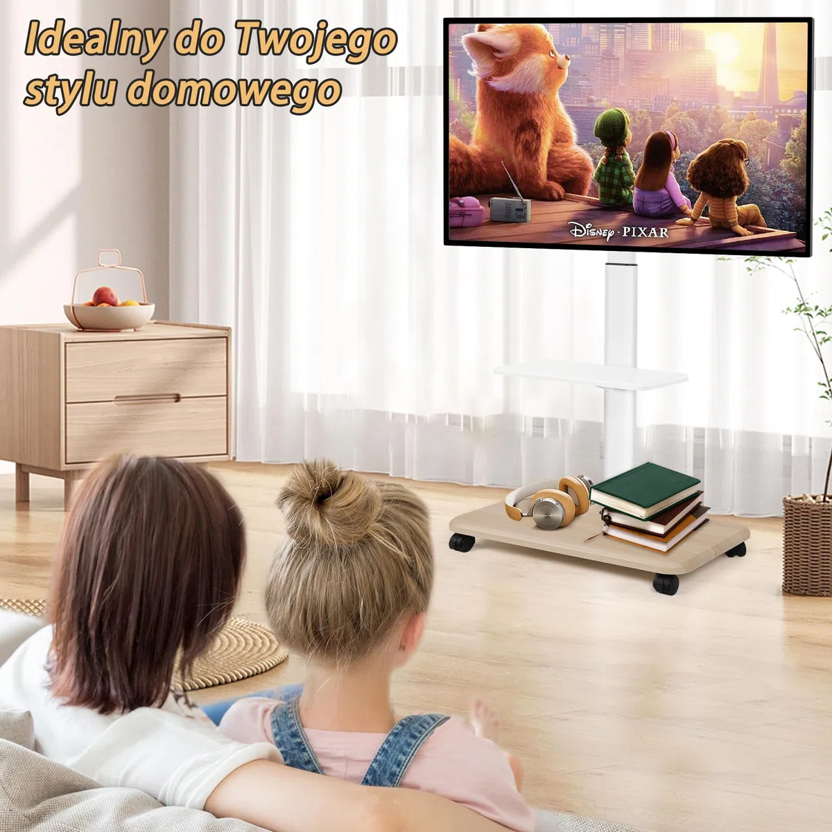 Hellsehen Stojak na telewizor na kółkach 32–70 cali, płaskie, zakrzywione ekrany LED LCD OLED o wadze do 45 kg, z regulacją wysokości, mobilny wózek na telewizor z zamykanymi kółkami i półką na