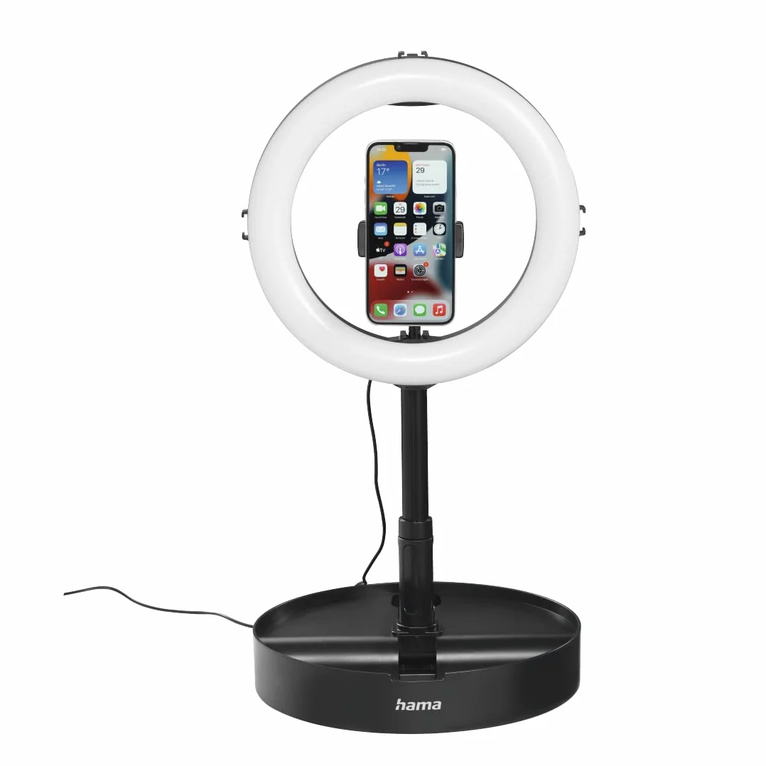 Hama lampa pierścieniowa uchwytem LED 128 (uchwyt na smartfon, kabel 190 cm, 10,2 cali, ze stojakiem, do selfie ring light) czarna